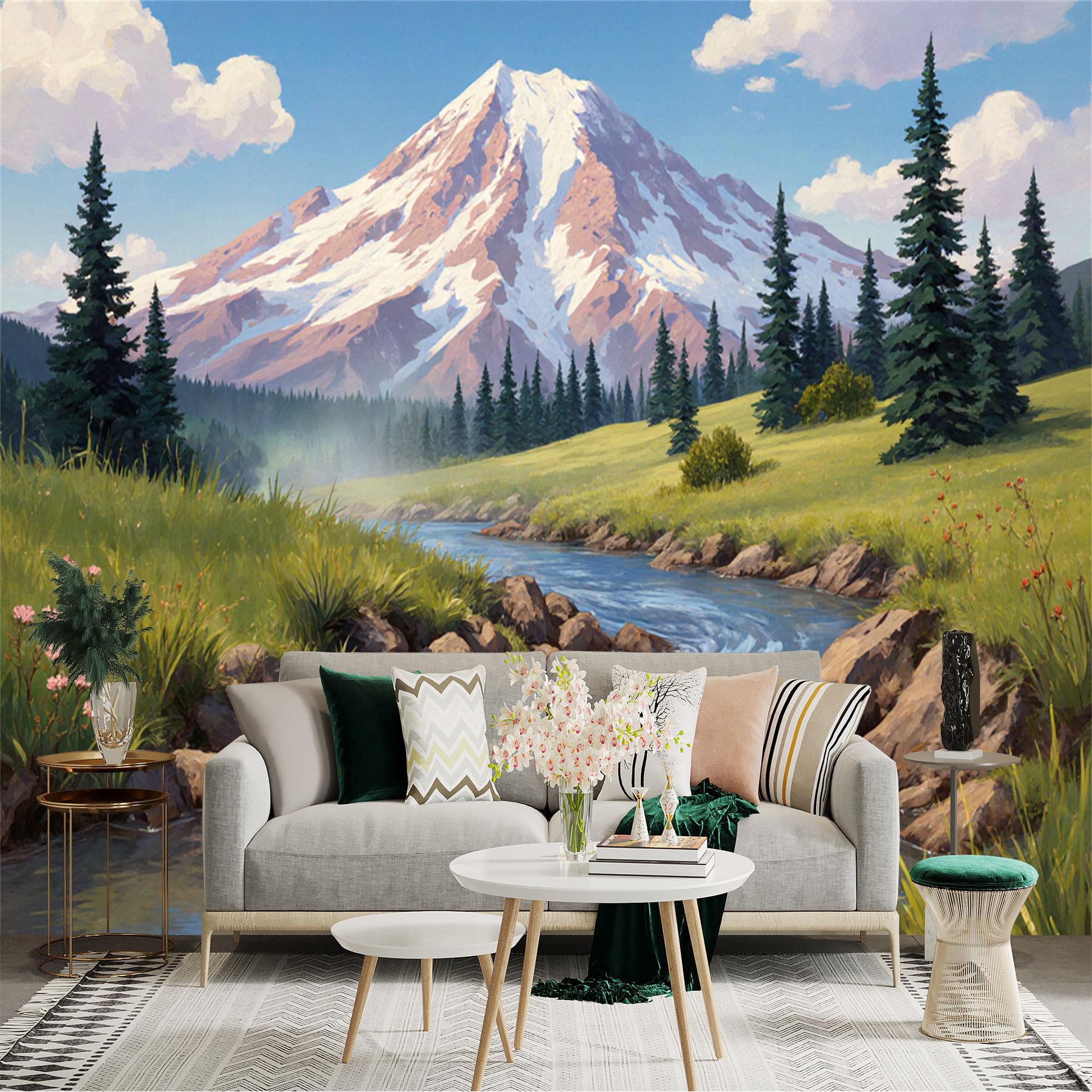 Custom Size Wall Sticker Mural， Snowy Mountain with Pine Trees， River and Meadow Landscape， for wall Decoration， peelandstick wall Decals.