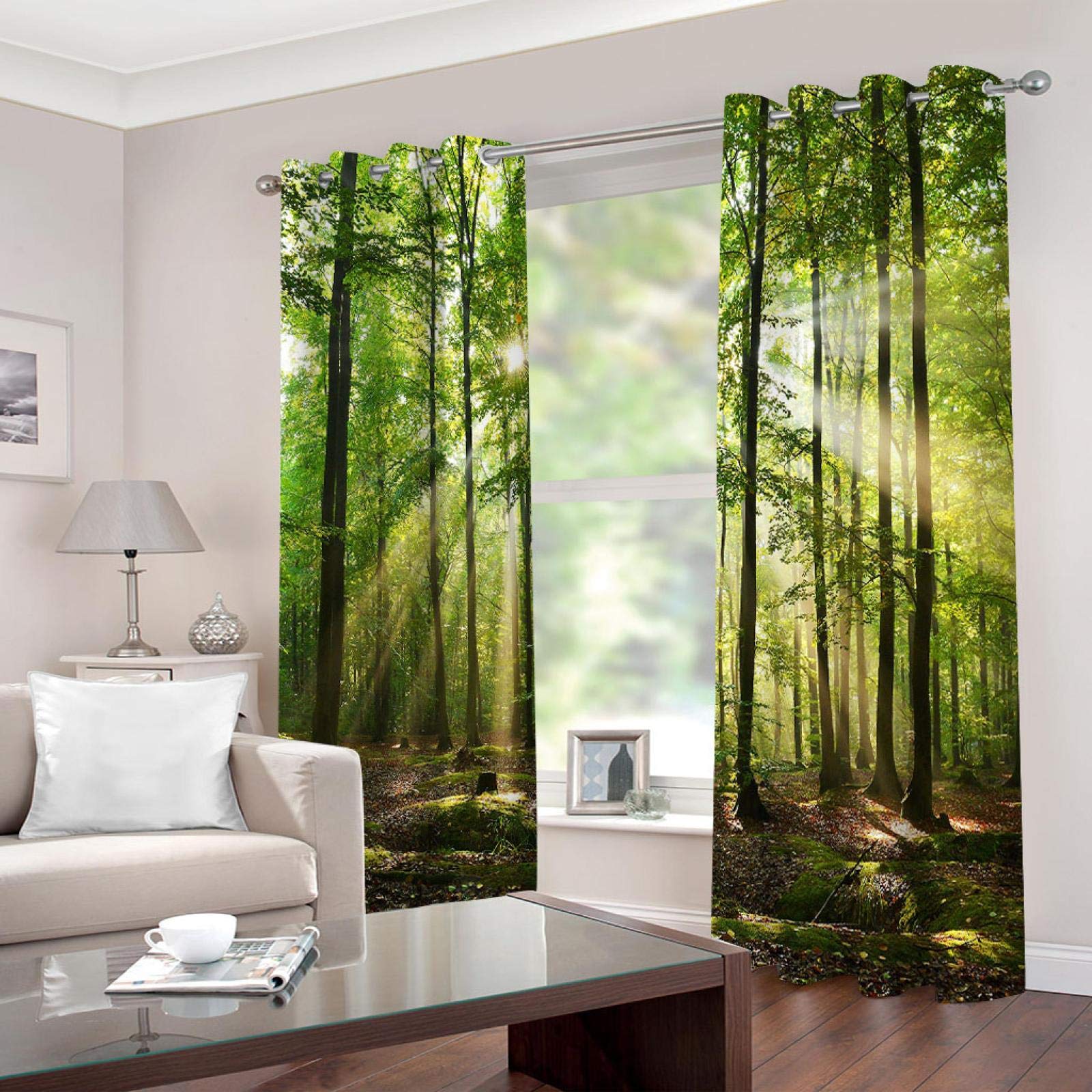 Vorhang Blickdicht Wohnzimmer - Gardinen Blickdicht 3D Sonniger Grüner Wald Muster Vorhänge Thermo Schlafzimmer Dekoschals Gardine Blickdichter Ösenvorhang, 2Er Set H 160 X B 100 cm
