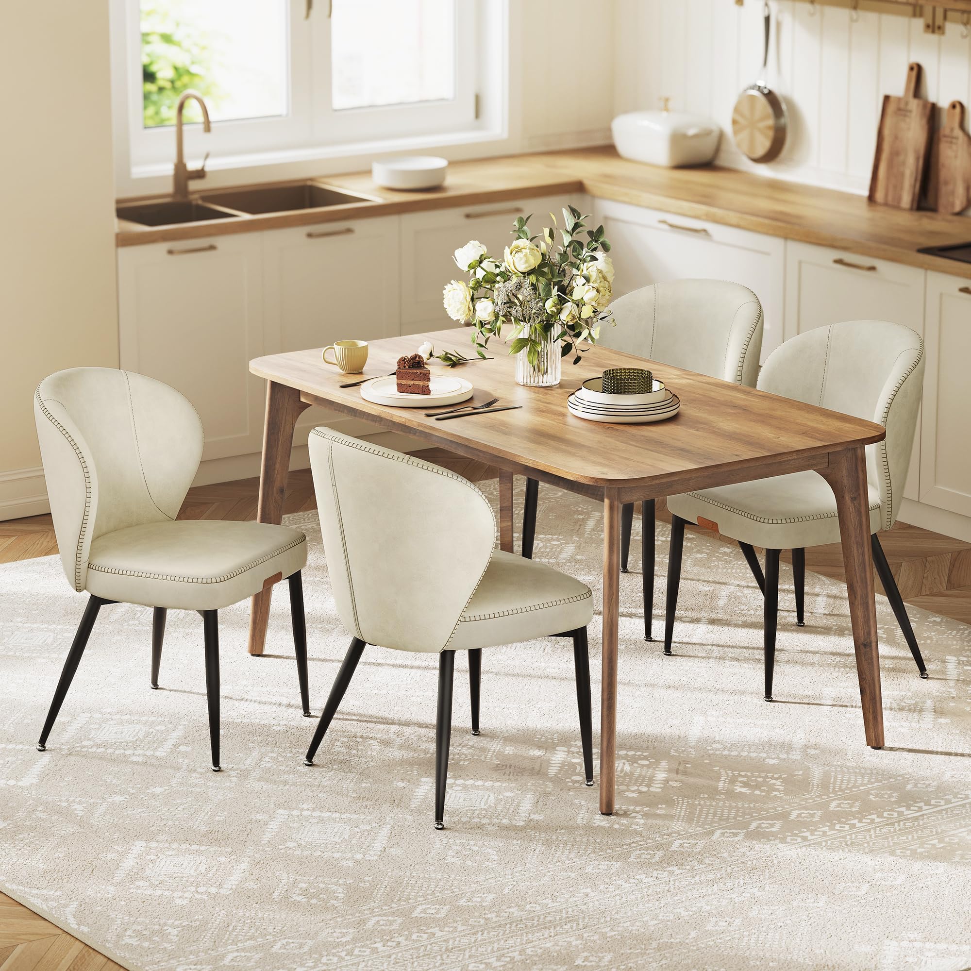 VASAGLE EKHO Collection - Dining Chairs Set of 4, Upholstered Kitchen Chairs, Comfortable Seat, Synthetic Leather with Stitching, Mid-Century Modern, Easy Assembly, Living Room Lounge, Cream White