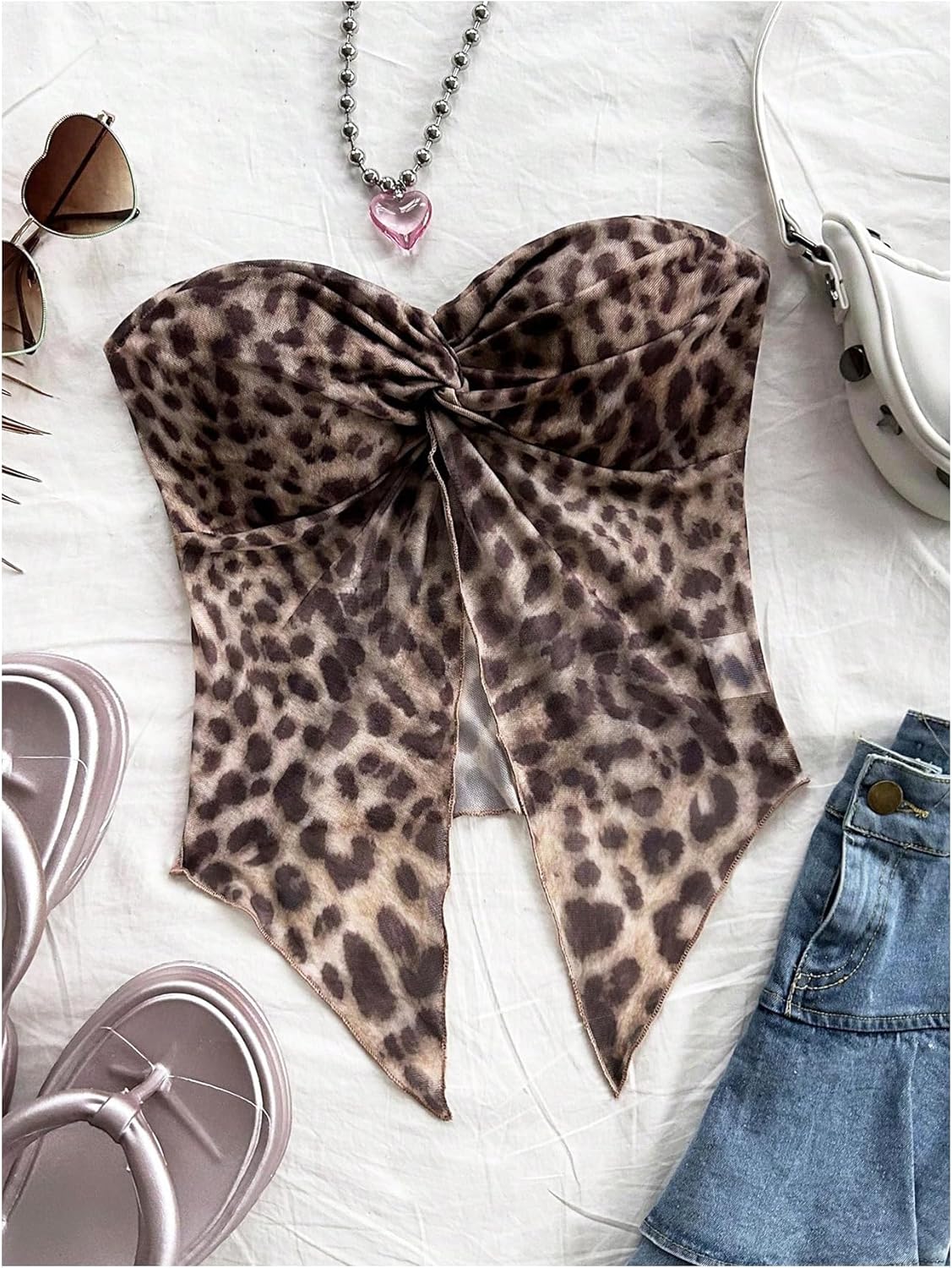 WDIRARA Women's Leopard Print Twist Tube Top Split Front Strapless Asymmetrical Bandeau Top - Image 6