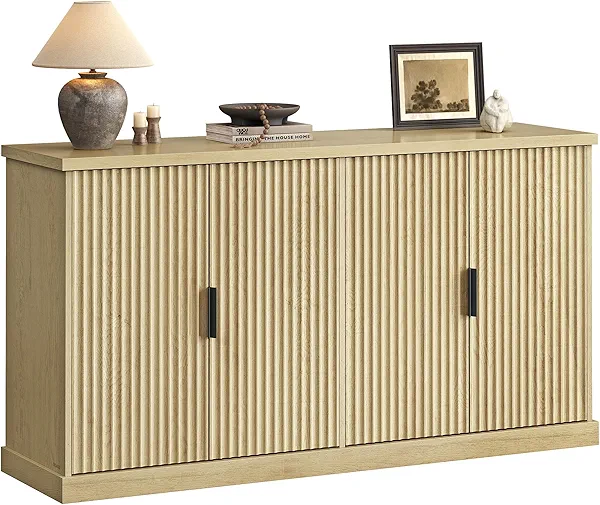 VASAGLE MAXE Collection - Transitional Buffet Cabinet, Console Cabinet, Sideboard with Adjustable Shelves, Fluted Doors, Buffet Table, Kitchen Pantry, Oak Beige UBBK382Y01S 4 Doors 15.8"D x 