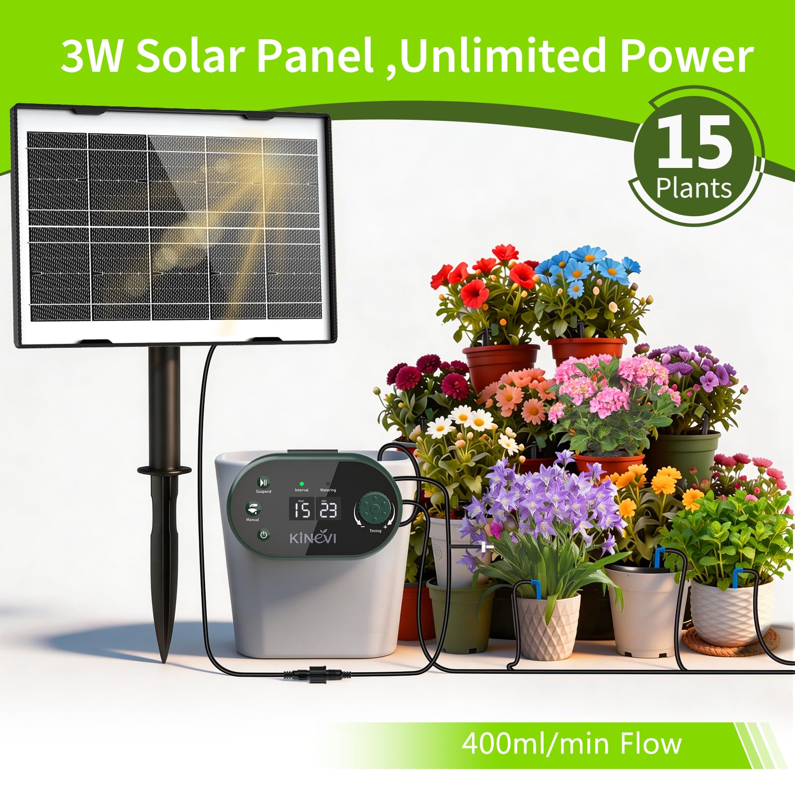 Sistema de Riego Solar para Jardín, Kit Riego Por Goteo Autorriego con 15 Micro Cabezales de Goteo, para jardín, plantas de interior y exterior, césped plantas en maceta balcón hortalizas y arbustos