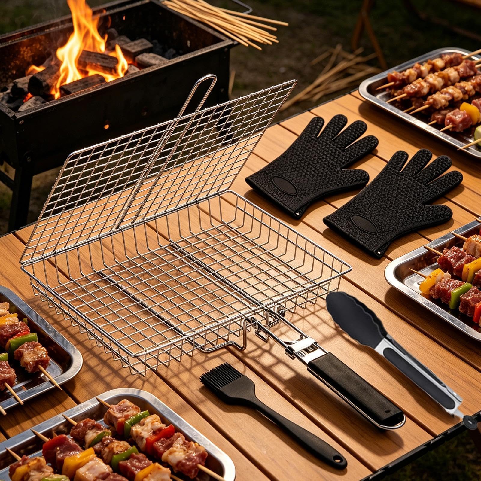 Cesta de Parrilla para Pescado Rejilla Plegable Portátil De Acero