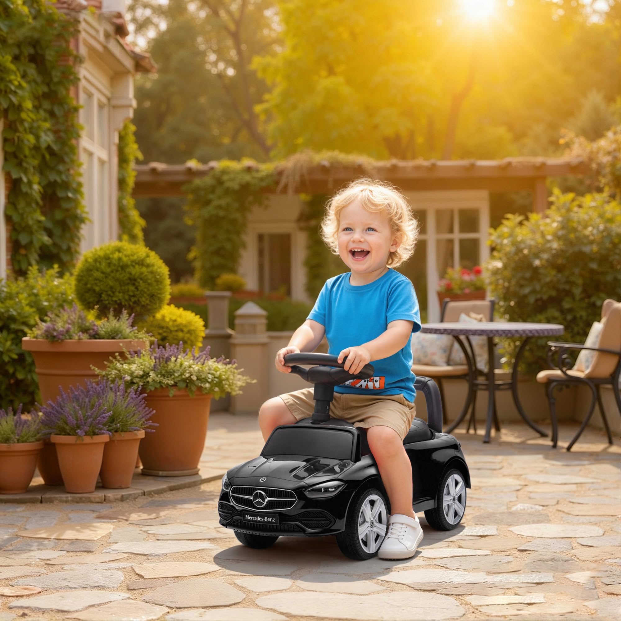 AIYAPLAY Portabebés Mercedes-Benz con Licencia, 2 en 1 con Asa Extraíble, Pasamanos, Espacio para Guardar Cosas, Claxón y Volante, para Niños de 18 a 36 Meses, Negro