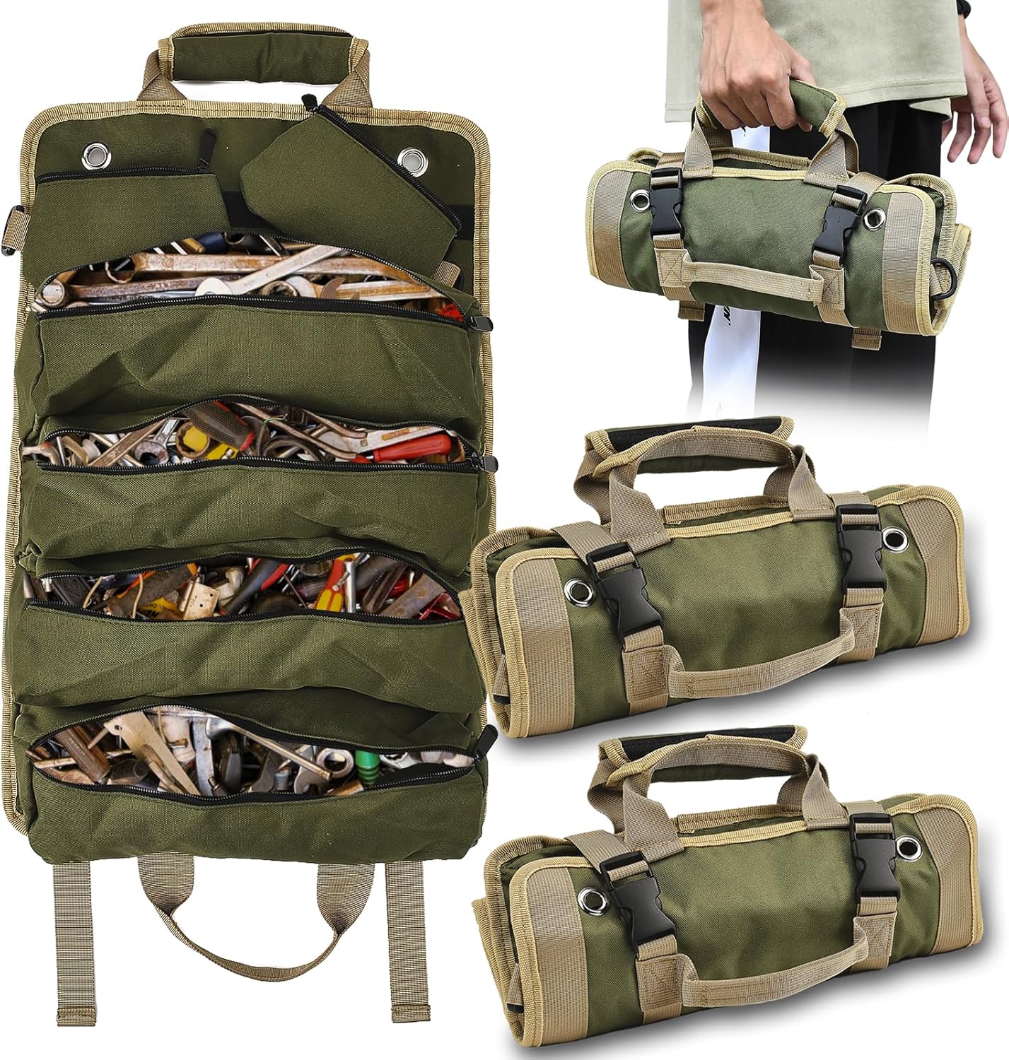 XhuangTech Roll Up Tool Bag Organizer with Zipper w/2 Detachable Pouches Oxford Carry Adjustable Strap/Rustproof/Quick Buckles