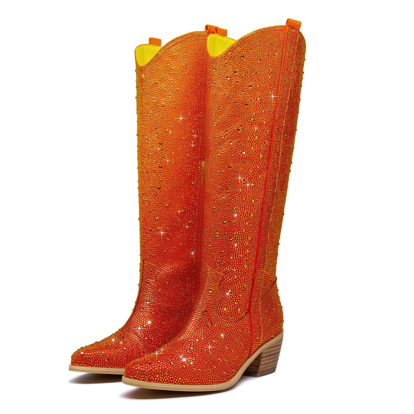 RKQ Womens Sparkly Rhinestone Western Cowboy Boots Glitter Side Zipper Pointed Toe Chunky Block Heel Knee High Cowgirl