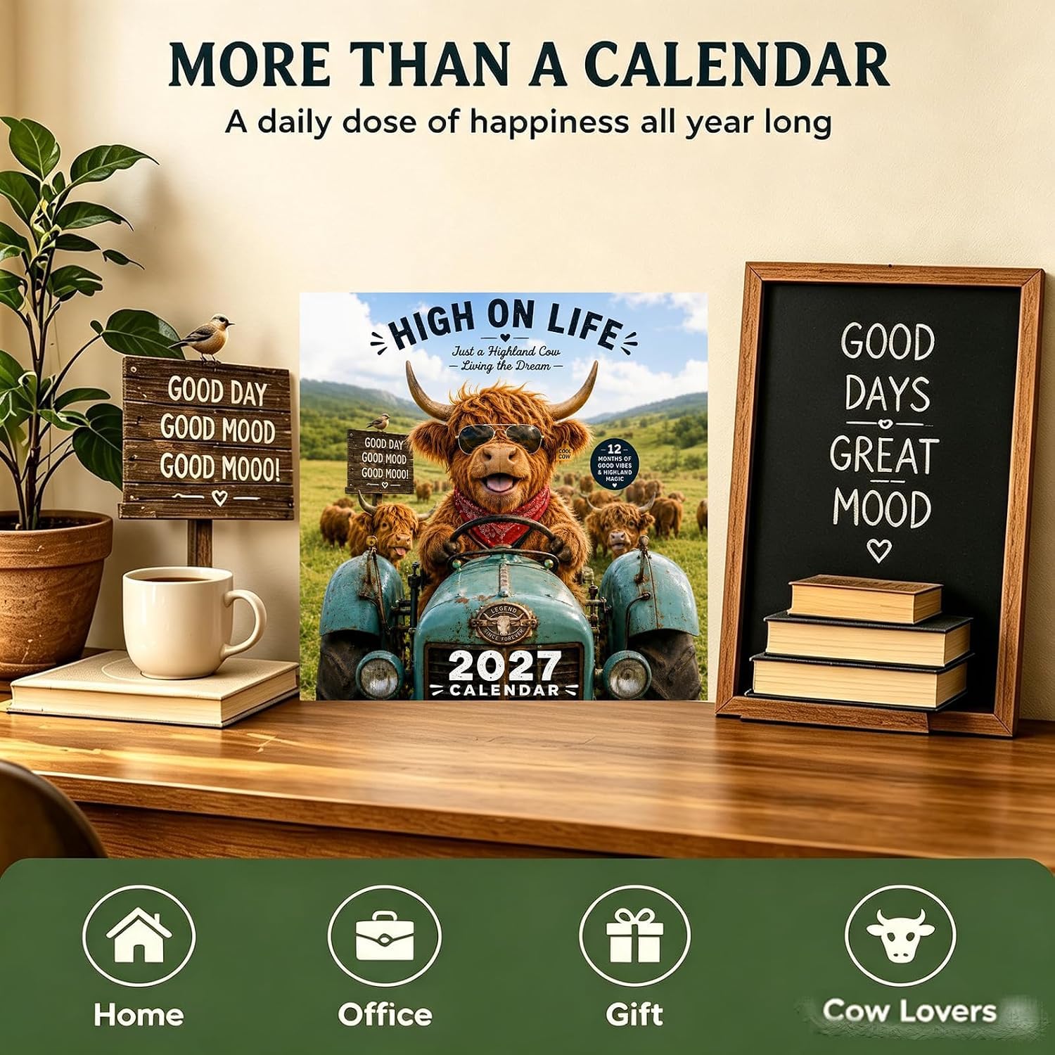 2027 Lustiger Highland Cow Wandkalender, Cartoon Highland Cow 2027 Wandkalender mit 12 Monatsdesigns | A4-Hängekalender, humorvolle Bauernhofkuh-Illustrationen, für Zuhause, Büro