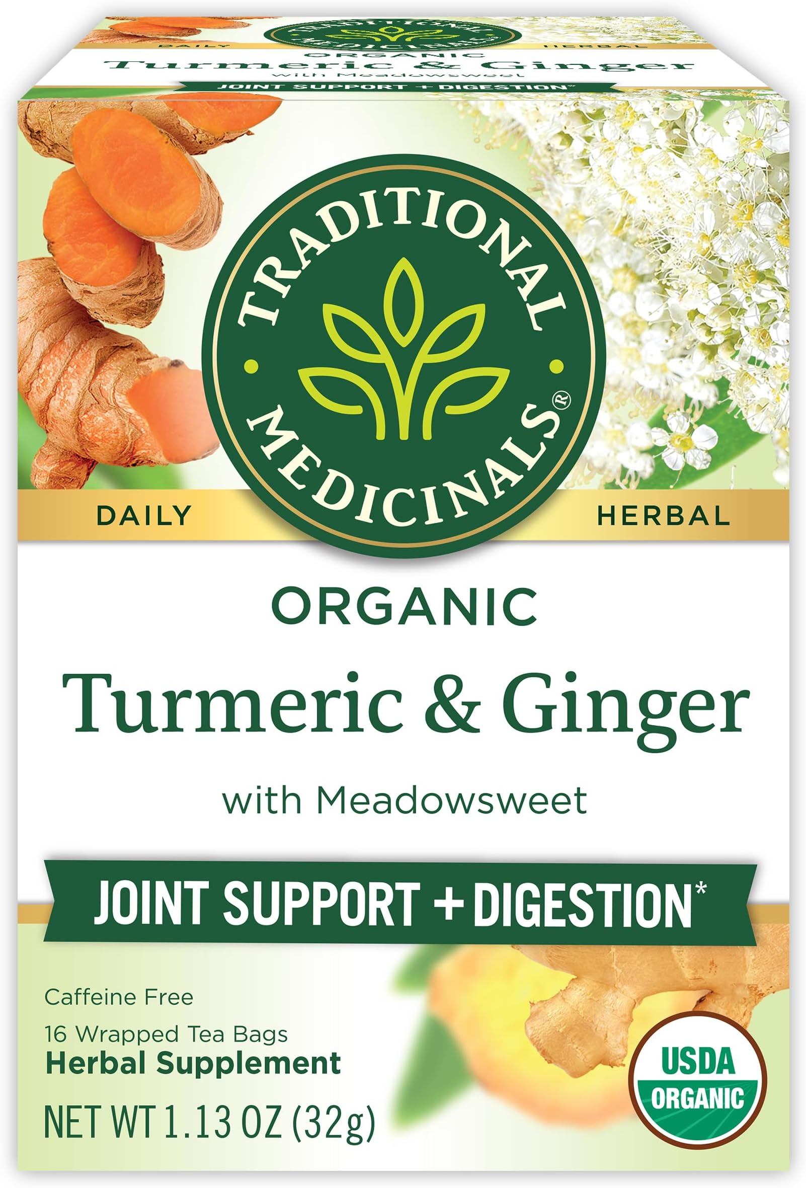 Traditional Medicinals Tea Turmeric Meadowsweet & ginger,16 count.