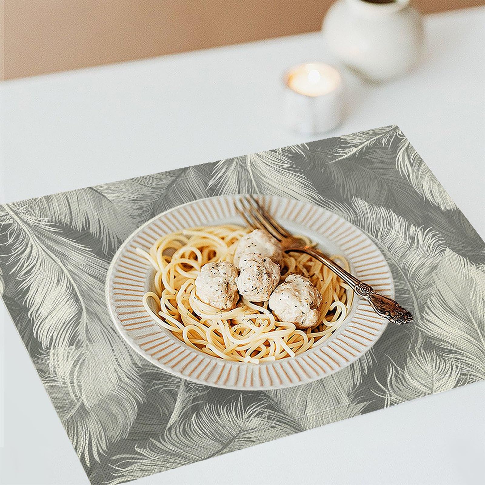 Tovaglietta Americana Sogno in Cotone Lino Rettangolare - Tovagliette Set di 8 Piume Bianche Resistente al Calore per La Cucina, Il L'Ufficio, 30 x 45cm
