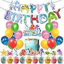 Zyozique 37 Piece Ocean Theme Party Decoration,Under The Sea Happy Birthday Paper Banner Balloons Cake and Cup Cake Toppers Kit, Underwater Animals Sign Party Supplies gallery image