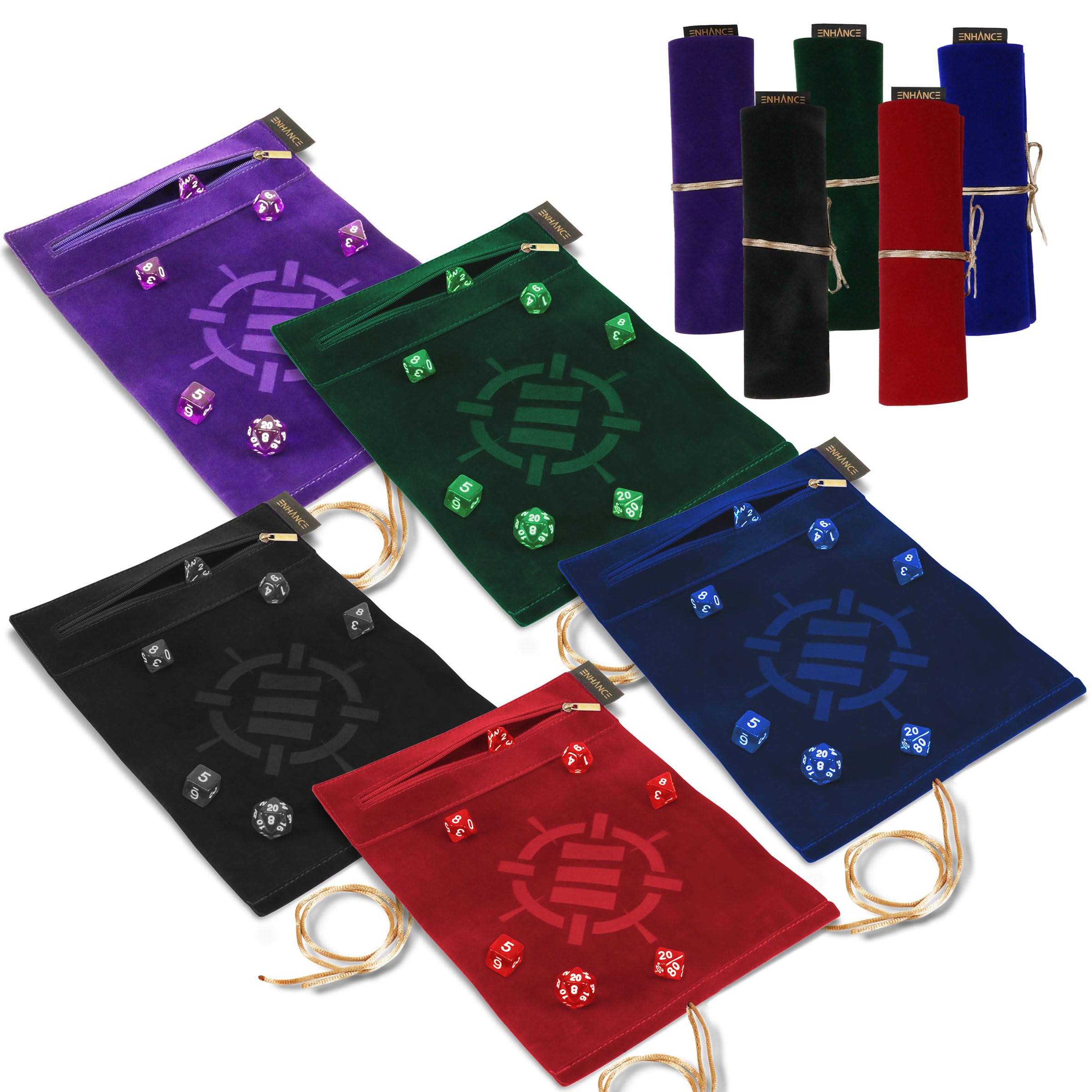 ENHANCE Tappetino per Dadi Roll on a Scroll e Set di 7 Dadi in Acrilico - Custodia in Velluto con 7 in Acrilico Abbinati, Supporto e Vassoio. Compatibile con D&D e Giochi da Tavolo - Viola