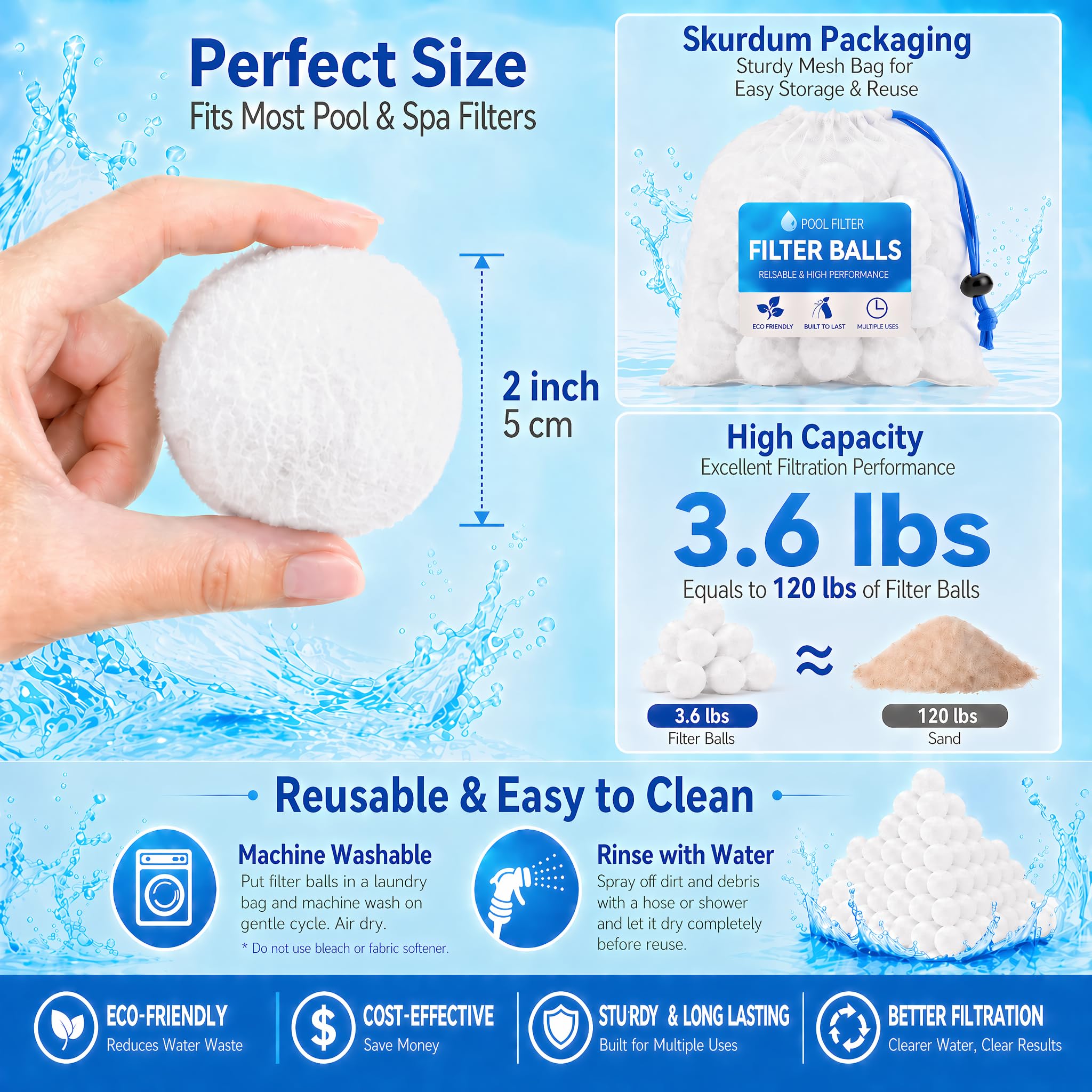 Balles filtrantes de piscine de 1,6 kg pour pompe de filtre à sable, balles filtrantes réutilisables pour piscine, aquarium (équivalent à 54,4 kg, blanc)