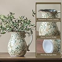 Vista 4 de Jarrón de cerámica verde y blanco con asa, florero rústico para decoración de hogar estilo “chinoiserie”, “grandmillenial” y toscano, jarrón