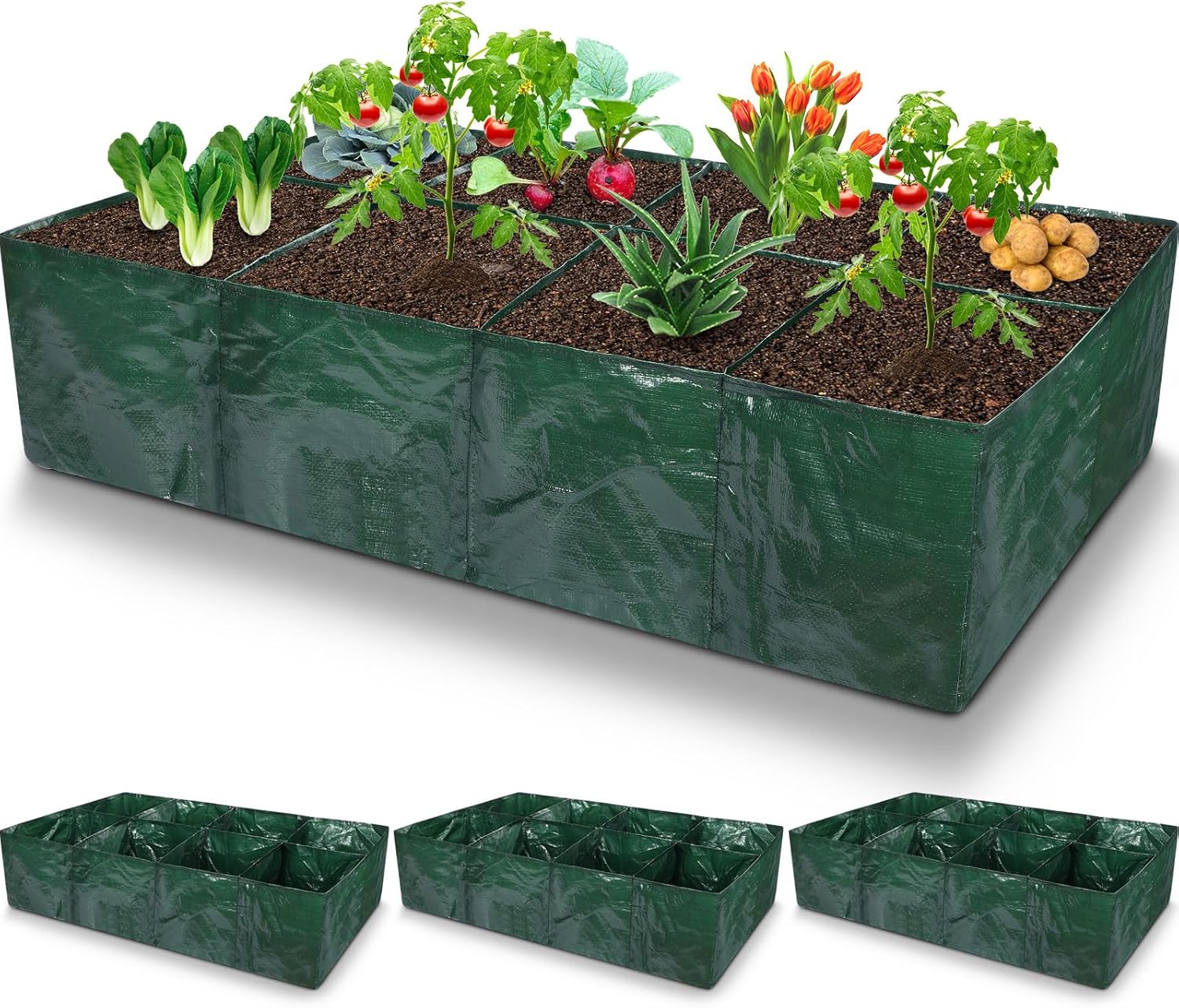 Woanger 4 Pcs Fabric Raised Garden Beds Planters 35 Gallon Plant Grow Bags with 8 Grid, Drainage Holes Vegetable Planter Rectangle Garden Containers for Vegetables Outdoor Fabric Pots for Flower Fruit