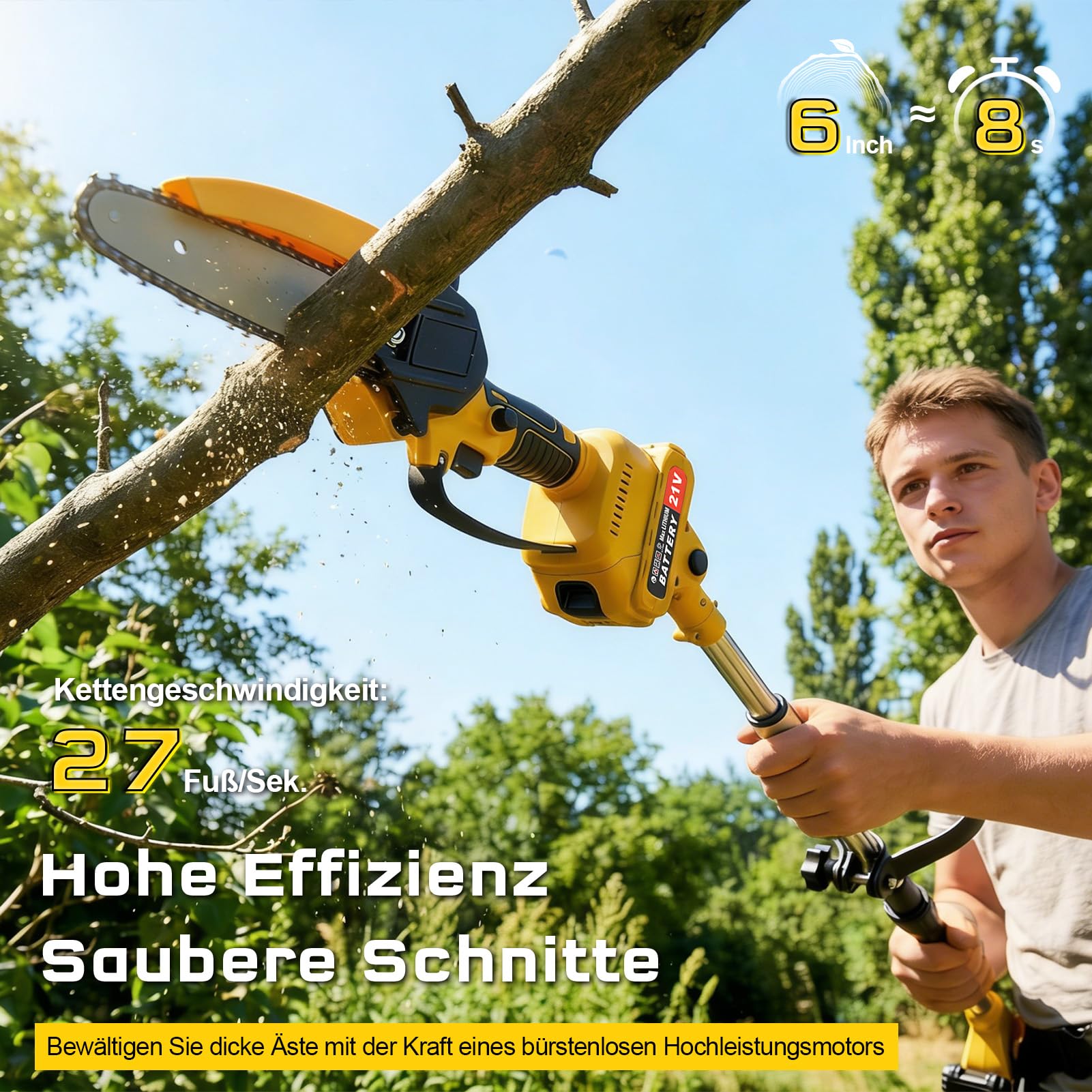 2-in-1 Hochentaster Akku & 6 Zoll Mini Kettensäge mit 2×2.0ah Akku, Bürstenloser Motor, Arbeitshöhe bis1.72m, 21V Teleskop Astsäge Astschere Hochentaster Elektrisch für Baumzweige, Holzschneiden