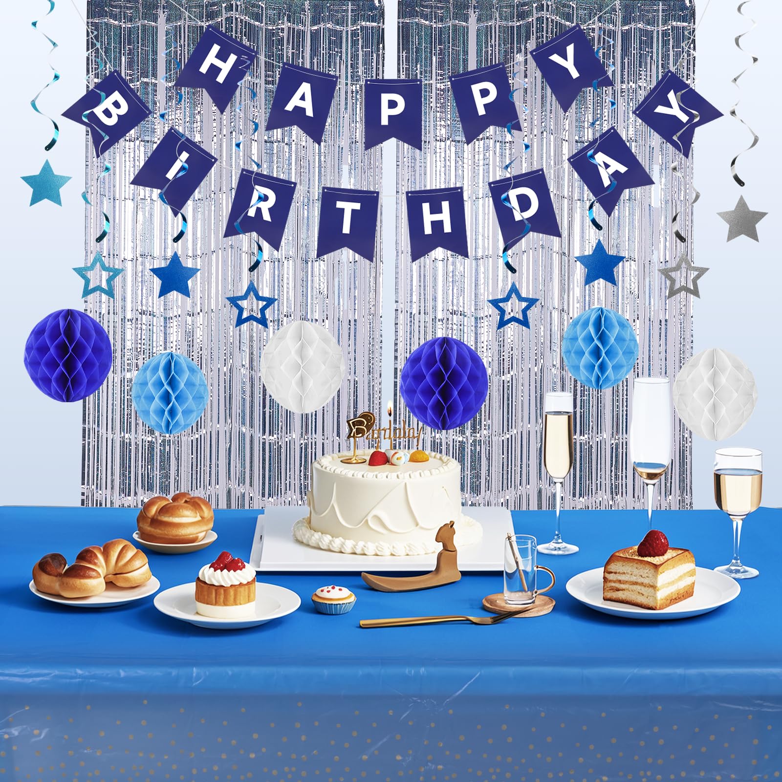 Happy Birthday Banner, Birthday Decorations with 6 Honeycomb Balls, 8 Stars, 8 Hanging Swirl Streamers,1 Blue Table Cover for Birthday Party, Blue