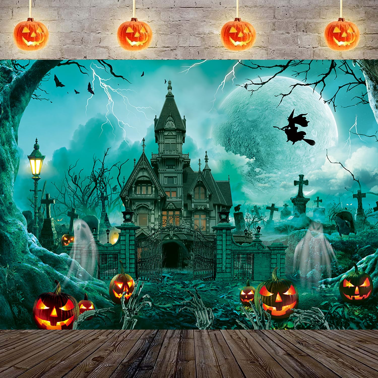 3x2.4m Toile De Fond Halloween Horreur Nuit De Lune Château Effrayant Cimetière Citrouille Lanterne Fond Photographique Enfants Famille Fête D'halloween Décorations Bannière Photomaton Accessoires