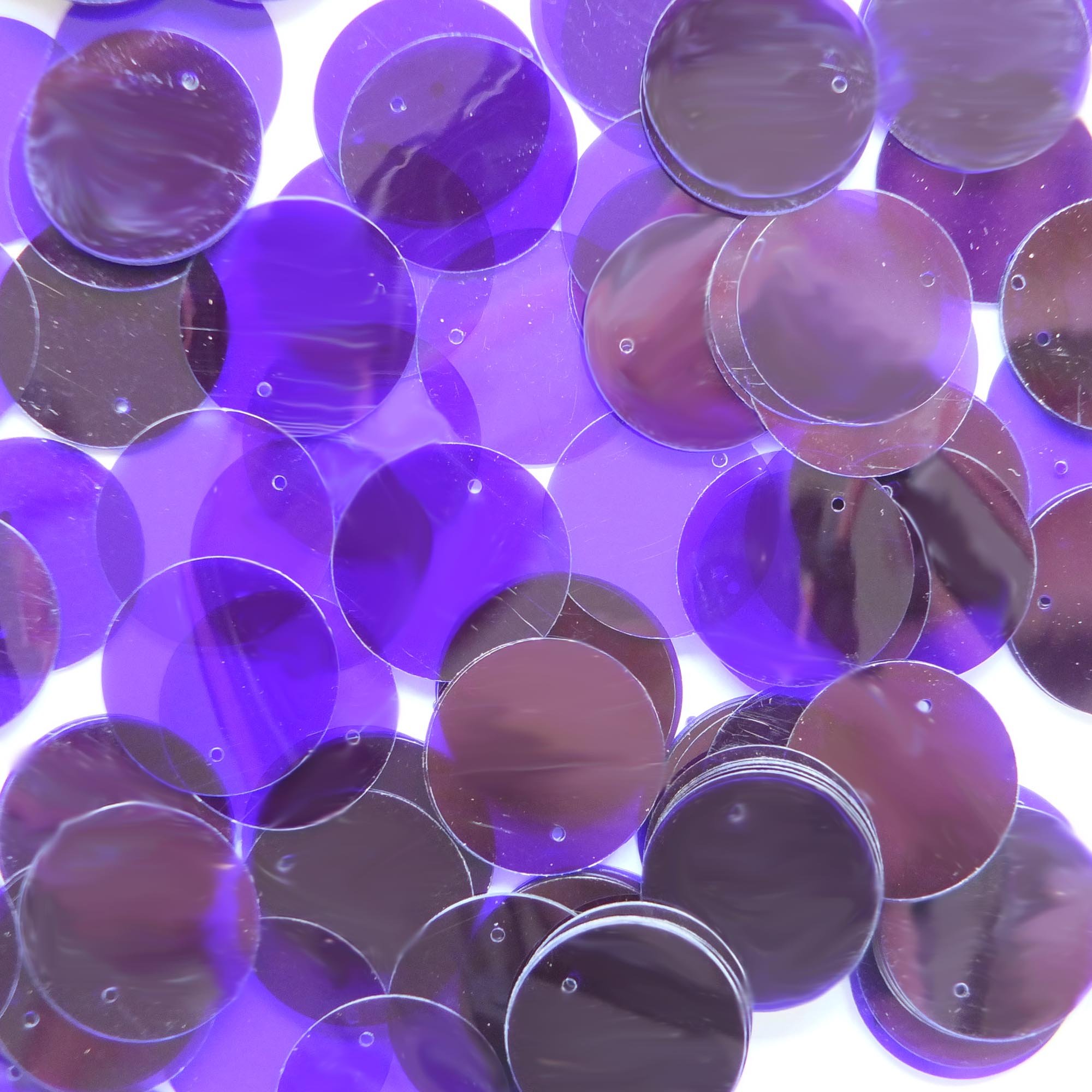 20mm Flat Round Sequins Purple Plum Transparent See-Thru Loose Paillettes. Costume, display, bridal, arts, crafts, embellishment. Made in USA.
