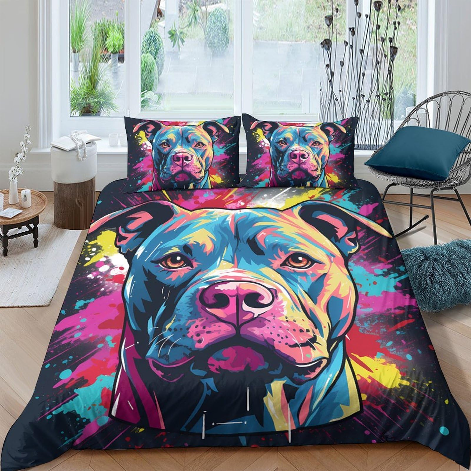 Ctjqhvkz Style-10 3D Printed Colorful Dog Art Fitted Sheet Microfiber Soft Breathable Abstract Pitbull Bed Cover For Bedroom Decor Single（135X200cm）