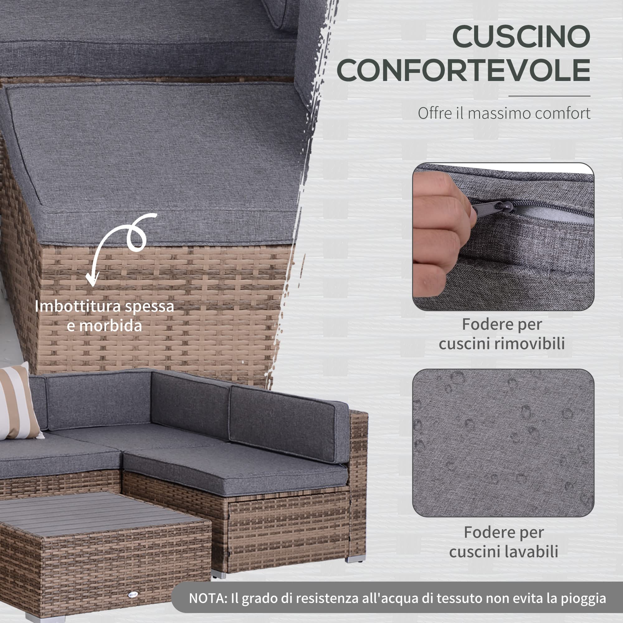 Outsunny Salotto da Giardino Esterno in Rattan da 7 Pezzi, Set di Mobili con Tavolino e Divano Modulabile con Cuscini, Grigio