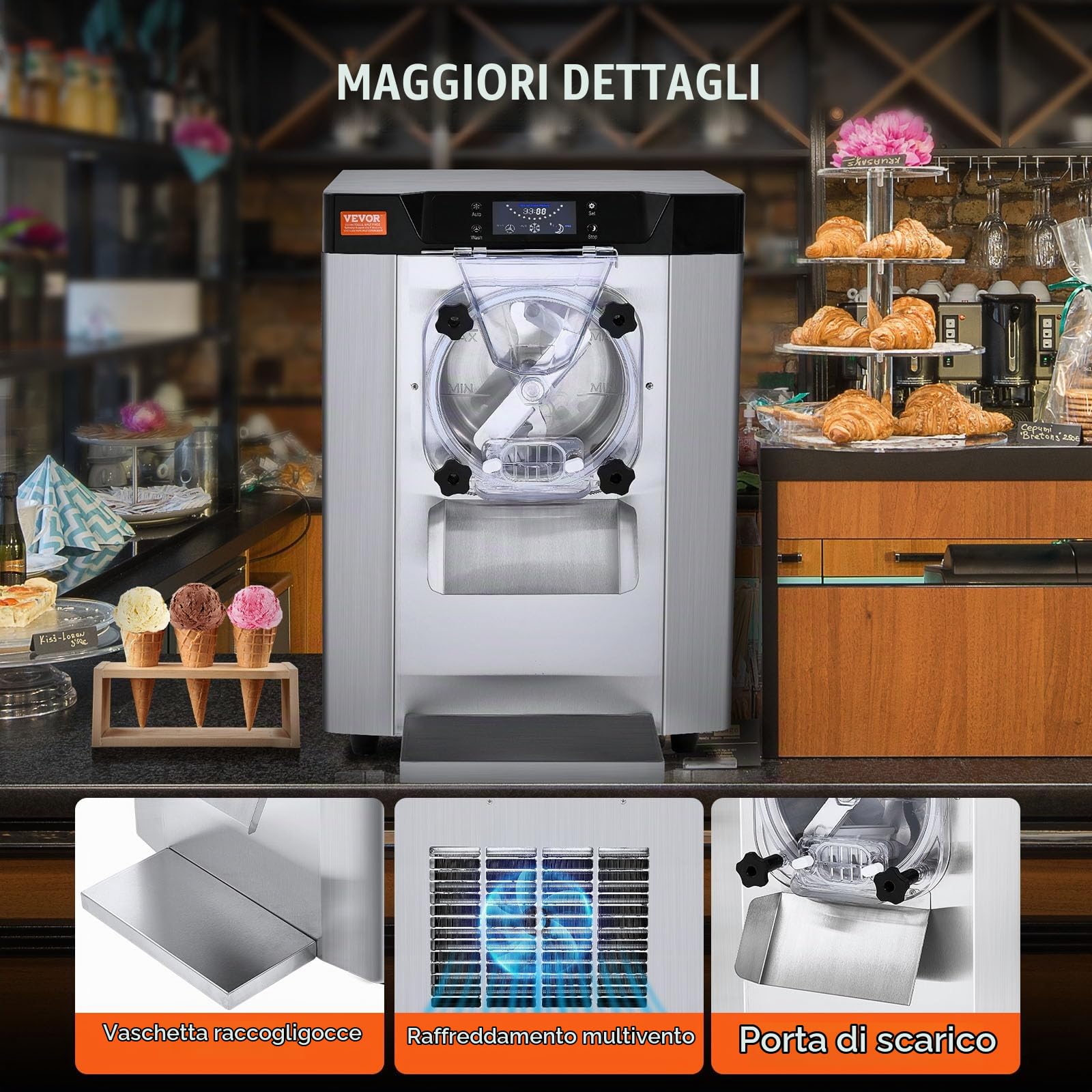VEVOR Macchina per Gelato Commerciale, Uscita 12 L/H, Macchina per Gelato Duro da Banco Monogusto 1295 W, Cilindro in Acciaio Inox 4,5 L, Pannello LED, per Snack-Ristoranti Bar