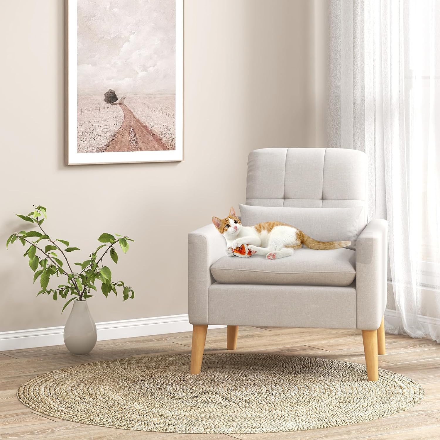 Giantex Modern Accent Chair, Mid-Century Linen Fabric Armchair w/Lumbar Pillow, Back & Seat Cushion, Comfy Single Sofa Chair with Rubber Wood Legs for Living Room, Bedroom, Reading Room, Beige