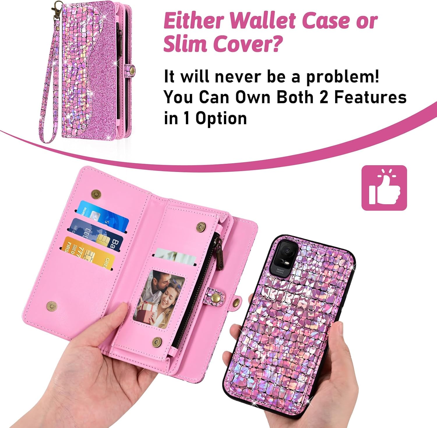 Asuwish Phone Case for Metro TCL Ion X/Ion V/40Z T607DL Zipper Wallet Detachable with Screen Protector Cover and Card Holder Slot Wrist Strap Cell Purse Folio IonX T430W IonV 2023 Women Men Pink