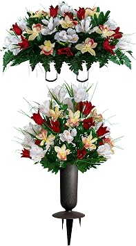 Sympathy Silks Artificial Cemetery Flowers - Grave Decoration - Red Tulips and White Iris 1 Headstone Saddle 1 Bouquet 1 Vase