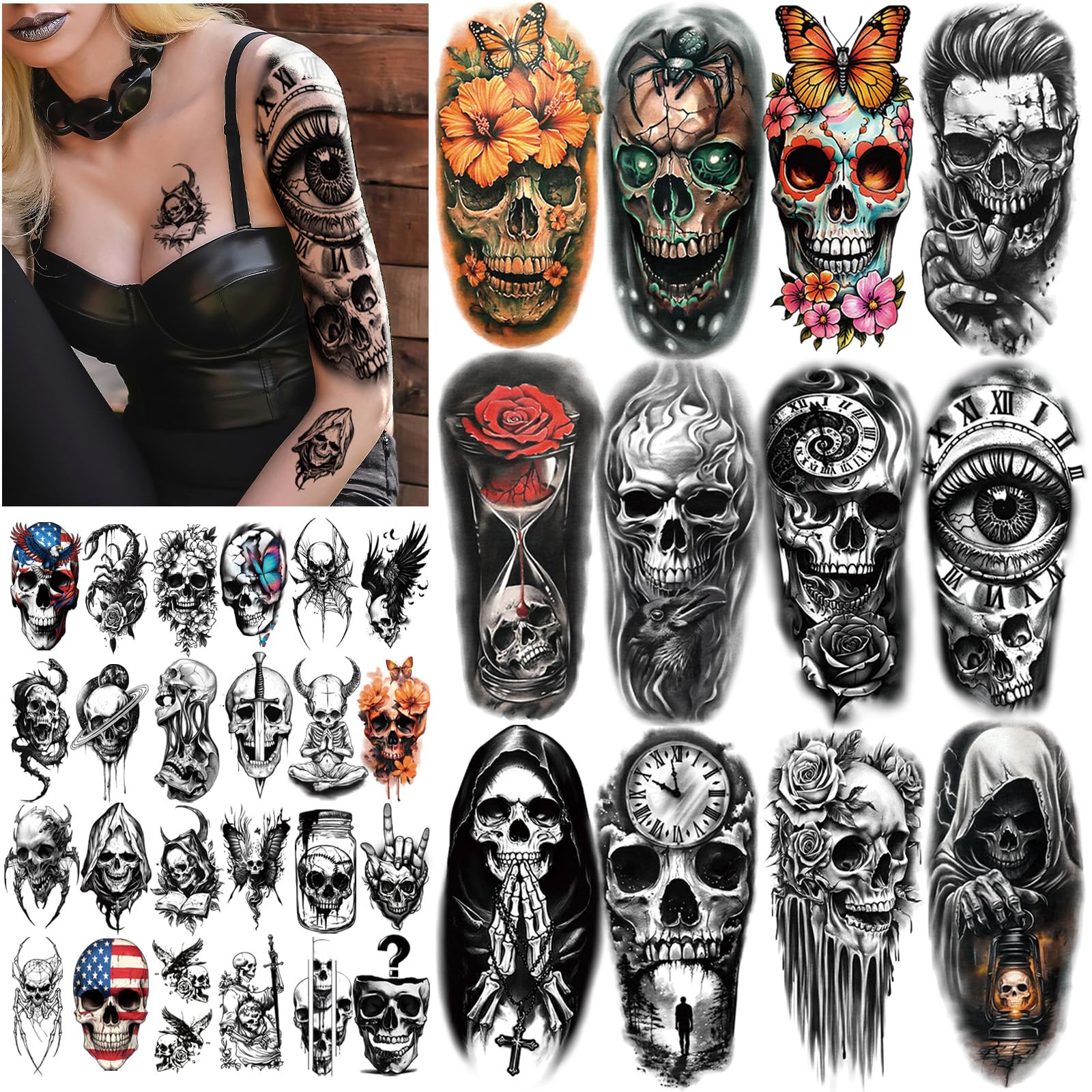 77 Sheets Black Skull Temporary Tattoos Adult Women Men Skeleton Death Devil Half Arm Fake Tattoos Stickers,Kids Spider Web Vampire Scar Horror