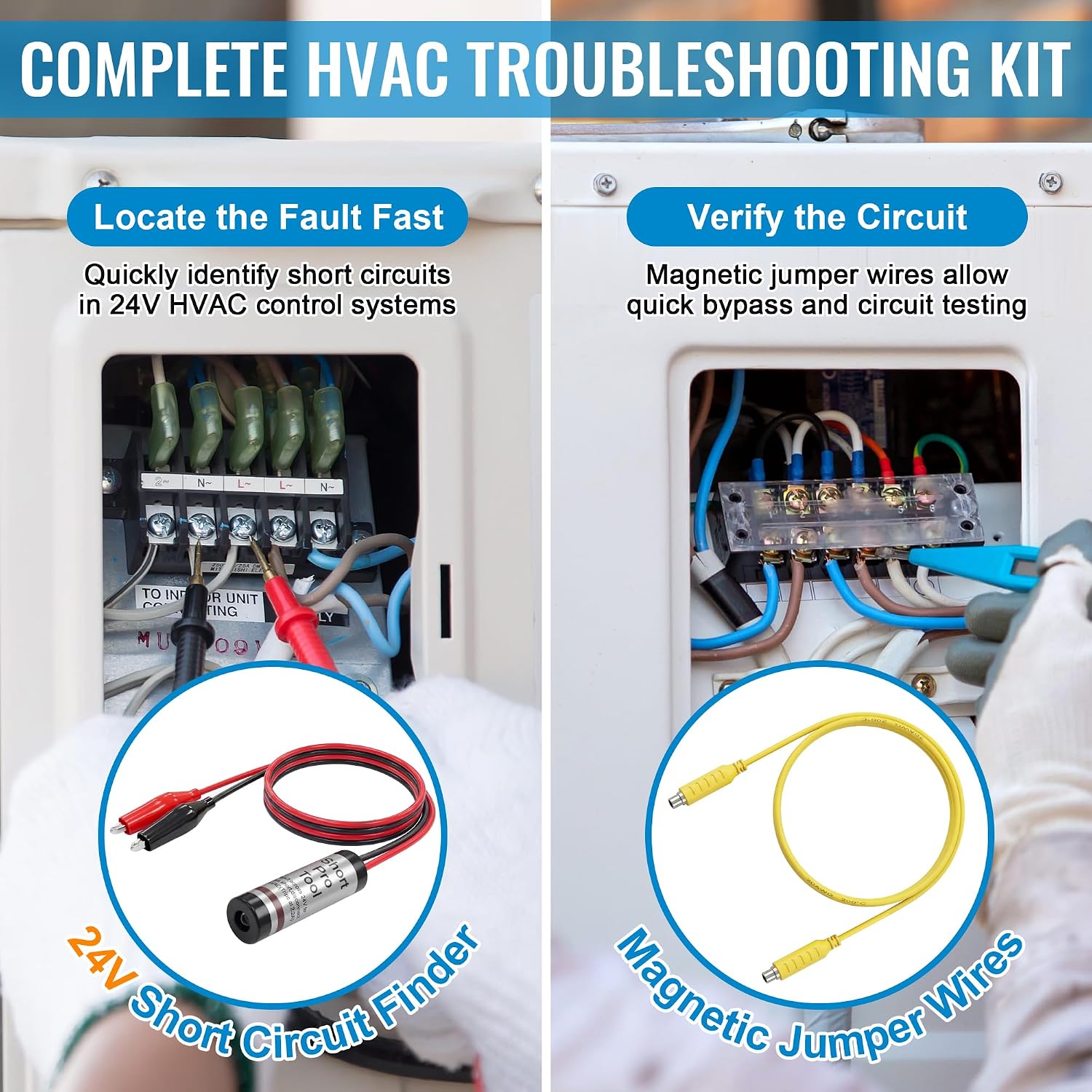 HVAC Short Finder Kit for 24 VAC Circuits, Short Circuit Finder with 12'' Lead & Alligator Clips, Includes Magnetic Jumper Testing Cable for HVAC Diagnostics