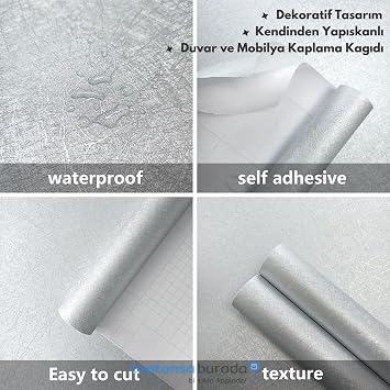 TechnoSmart 60cm×100cm Kendinden Yapışkanlı Modern Görünümlü Duvar Kağıdı Mutfak Dolap Masa Kaplama Gri
