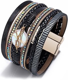 Multilayer Boho Bracelet Women Leather Bracelets for Women with Magnetic Clasp Cuff Bangle Bracelet Bohemian Wristband Jewelry Gift for Girls(black)