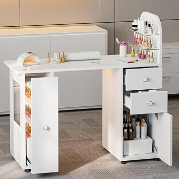 Professional Nail Desk for Nail Tech w/LED Light Display Cabinet, Rolling Manicure Table with Lockable Wheels, Storage Drawers, Wrist Cushion, Acetone Resistant, for Beauty Salon, Spa & Home