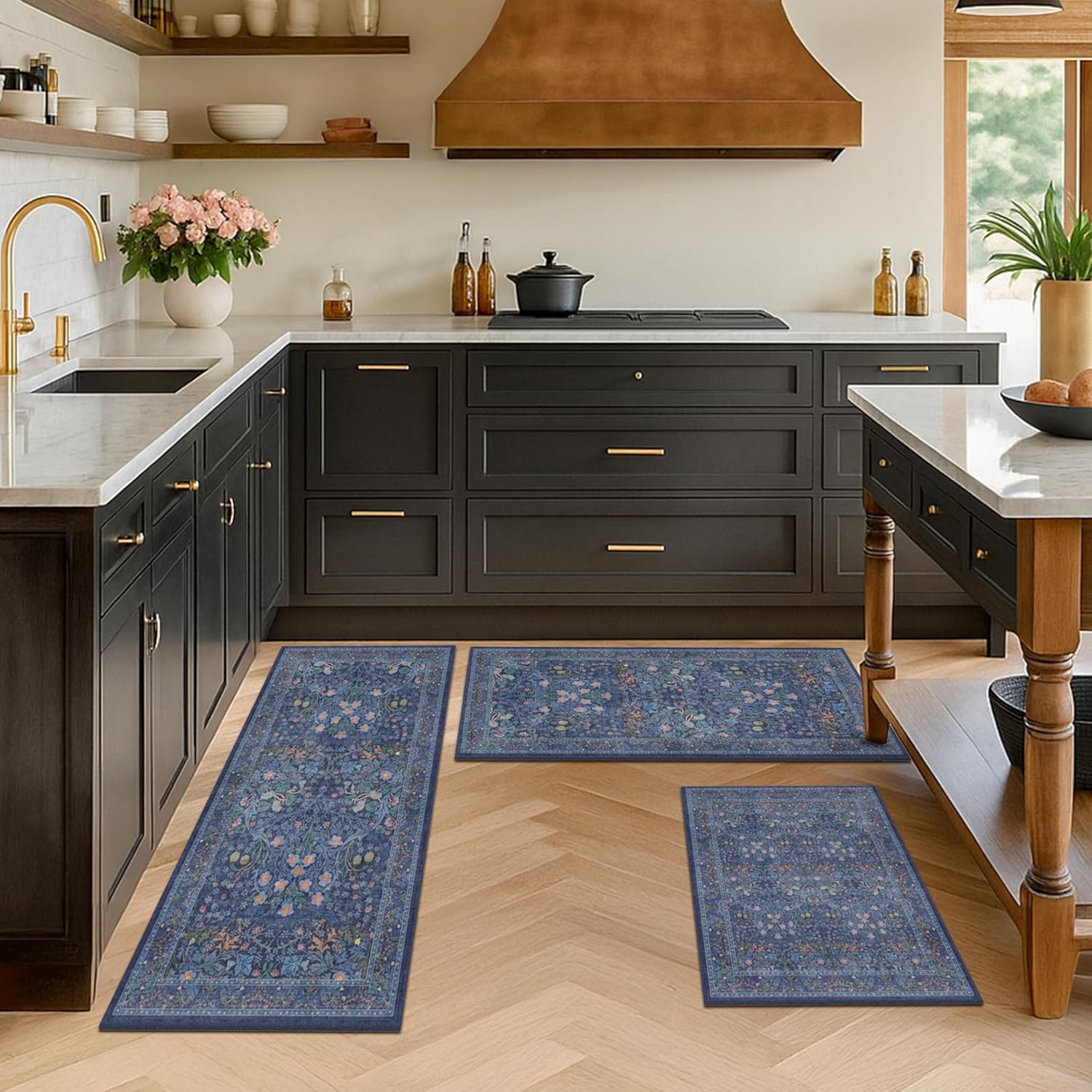 JTJ Dark Blue Kitchen Rugs Set of 3, Non Slip Washable Runner Mats, Vintage Floral Botanical Low Pile Farmhouse Rug Set for Sink, Stove, Laundry Room & Hallway