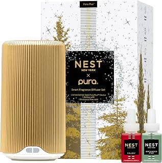 NEST New York Pura Plus Smart Home Fragrance Diffuser Set - Includes Exclusive Gold Device & Holiday and Birchwood Pine Fragrance Vials - Long-Lasting Scent - Easy-Access Controls