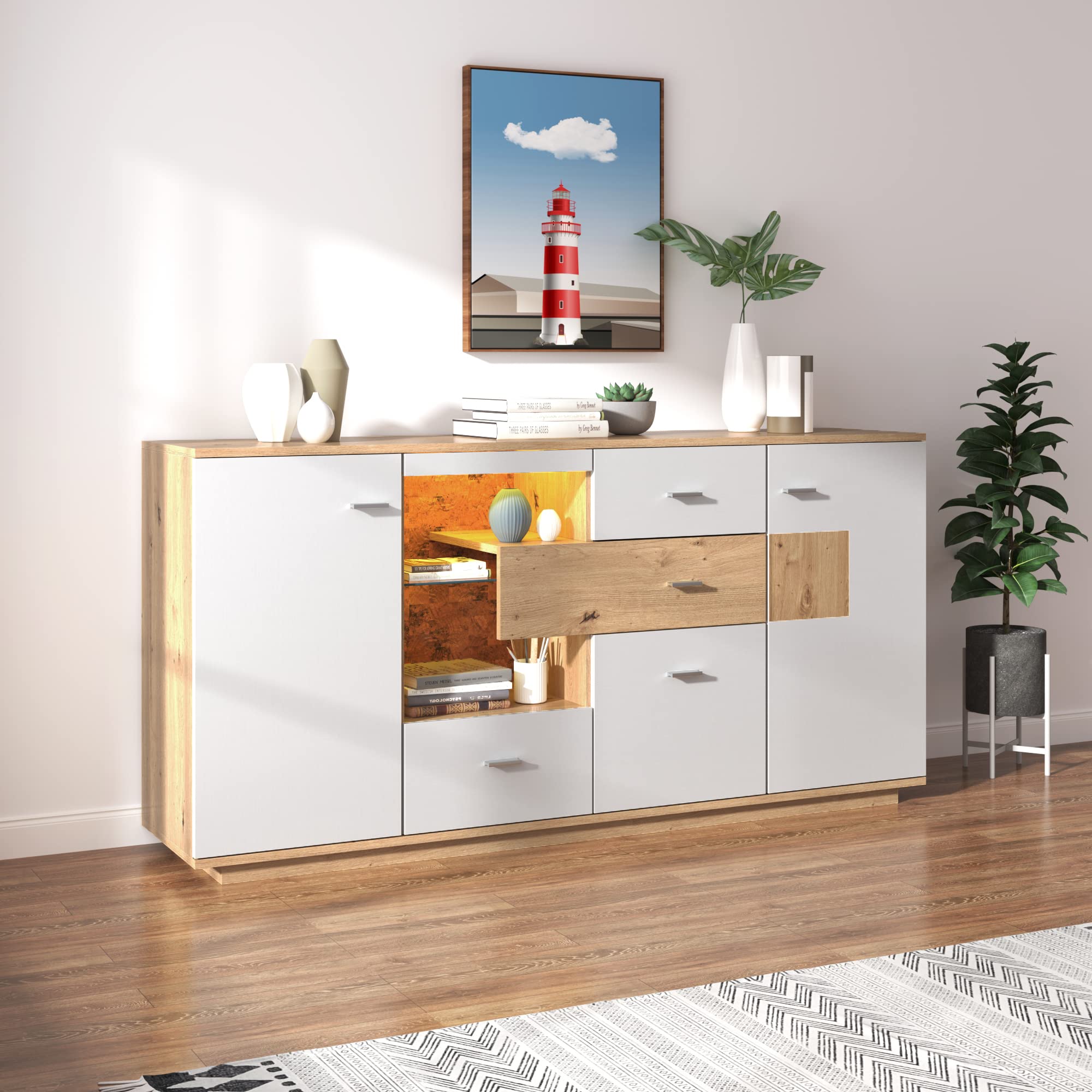 Rtopsu Mobile Contenitore Credenza con LED, Madia Mobile da Cucina con 2 Ante e 4 Cassetti, Mobile Dispensa Cucina Buffet da Cucina per Soggiorno Cucina Sala da Pranzo, 160x40x77 cm, Bianco & Natur