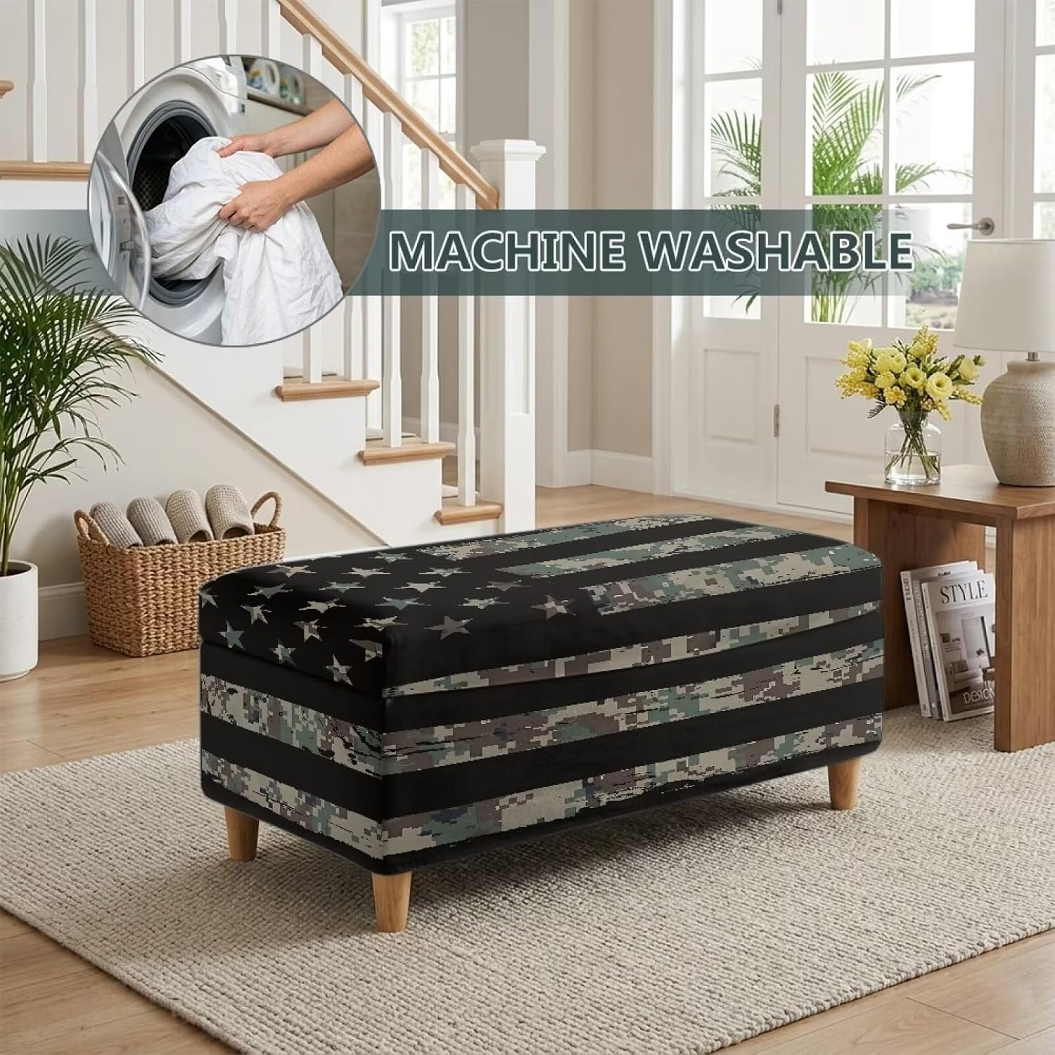 American Flag Storage Ottoman Cover Camouflage Rectangle Ottoman Slipcover Folding Storage Bench Cover Footrest Furniture Protector with Nonslip Elastic Bottom Fits Pets Dogs