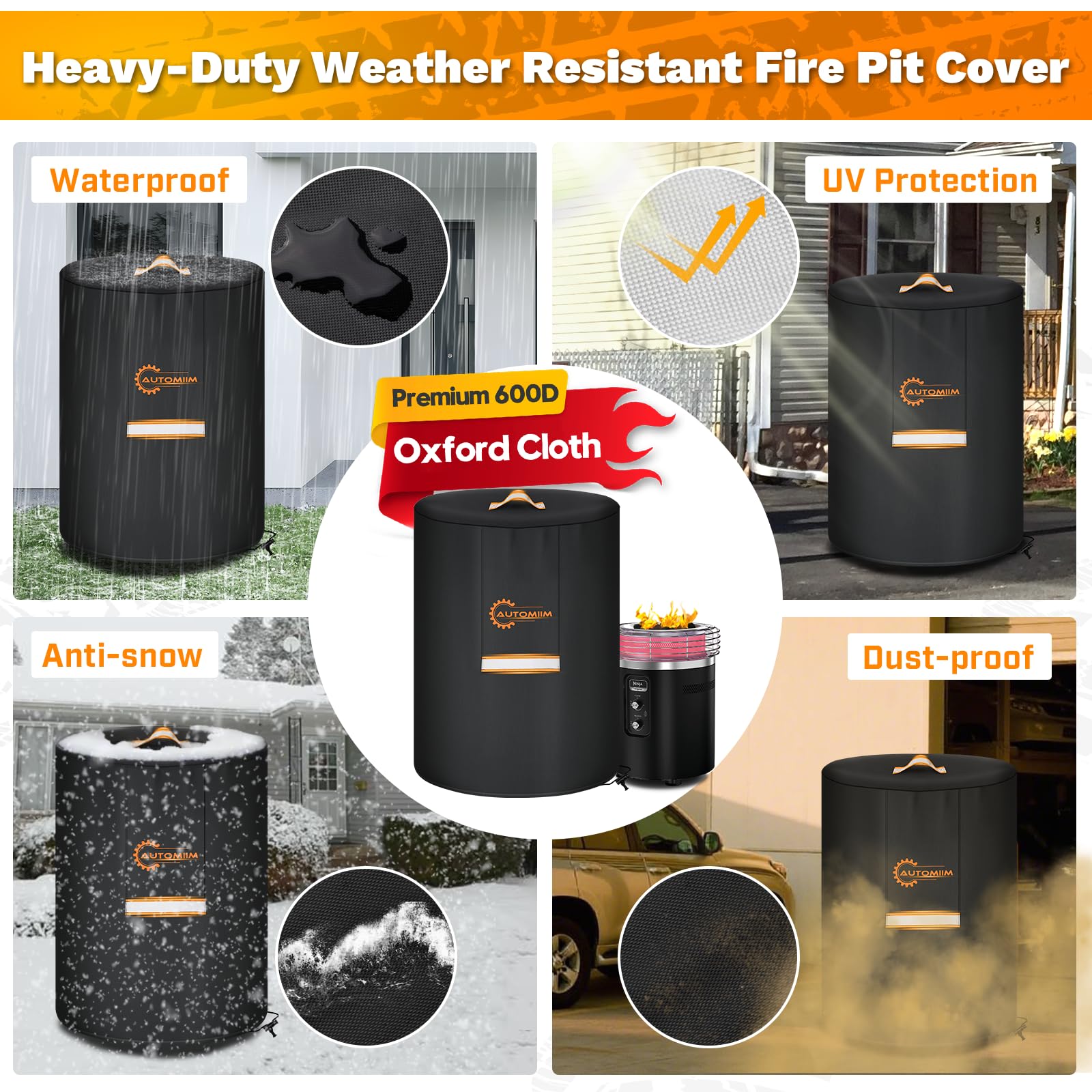 Fire Pit Cover for Ninja Fireside360 Outdoor Heater & Fire Pit, 600D Oxford Waterproof PVC & Nighttime Protection FirePit Cover Outdoor, Concealed Air Vent and Lift Handle -Fit 24" D x 29" H - 4