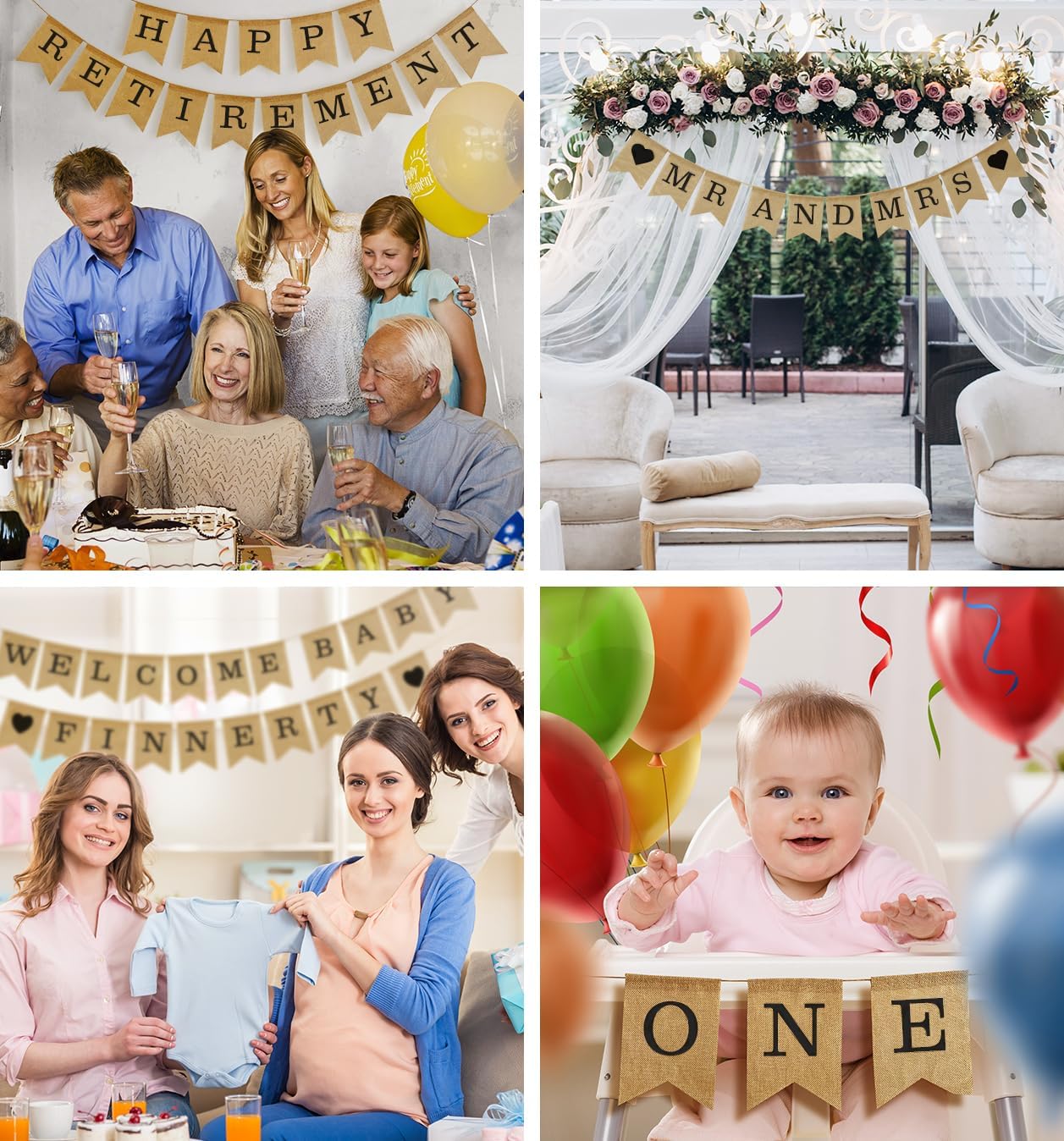 Custom Banner Kit, 97 Burlap Flags, BLACK Pre Printed Letters & Numbers, 120ft Twine String & Needle, DIY Customizable Personalized Banner, Faux Durable Burlap