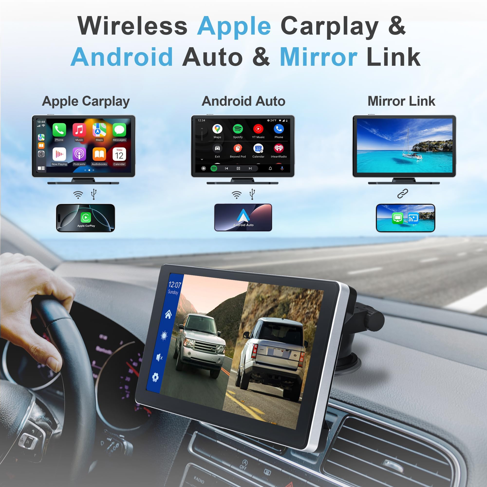 Wireless Car Stereo,9 Inch CarPlay Screen for Apple Car Play & Android Auto,Portable Touch Wireless Car Play Screen Mirror Link Music Video Player, with 4K Front+Rear 1080P Dual Camera Dash Cam — view 5