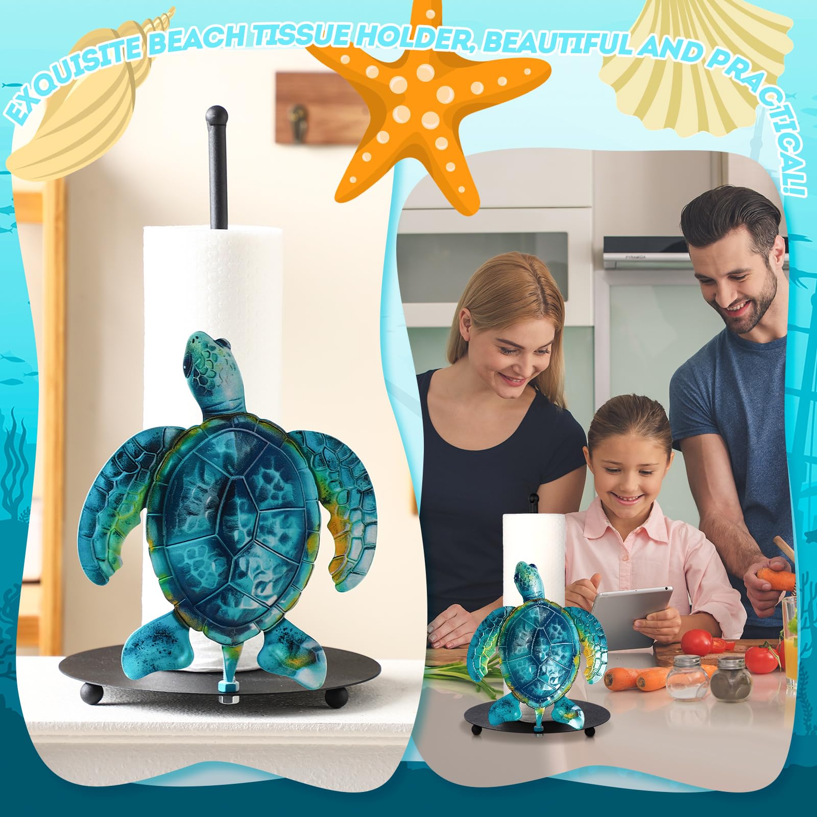 Soporte para toallas de papel de tortuga de playa de verano con redondo lindo soporte de toalla de cocina de tortuga marina, decoración de baño, decoración de casa costera, regalos para el hogar 2