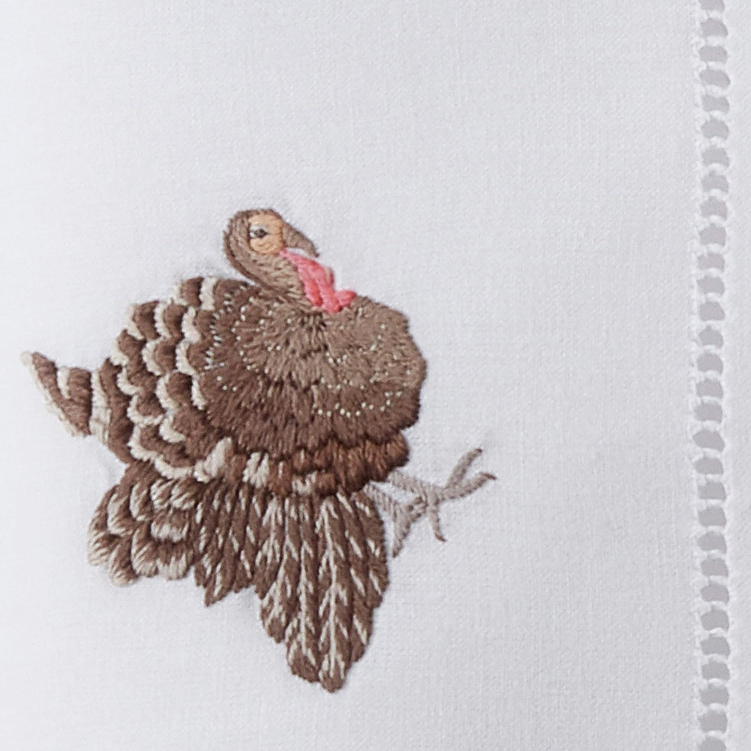 White Cotton Hemstitch Napkins with Embroidered Turkey Design, Set of 6