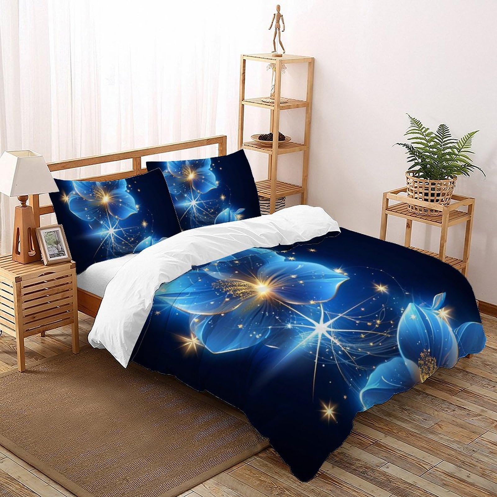 Housse de couette microfibre 260x220 cm lit adulte motif plantes bleues et taies d'oreiller