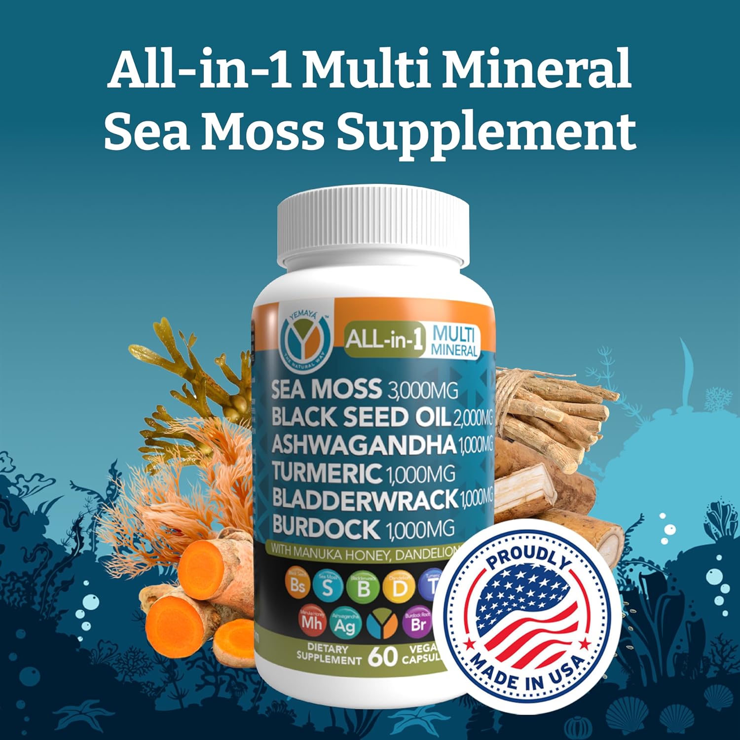 Yemayá The Natural Way All-in-1 Multi Mineral Sea Moss Raw Organic Supplement, with Organic Seamoss Black Seed Oil Ashwagandha Burdock Root, Turmeric, Vitamin C, & More, 60 Vegan Capsules