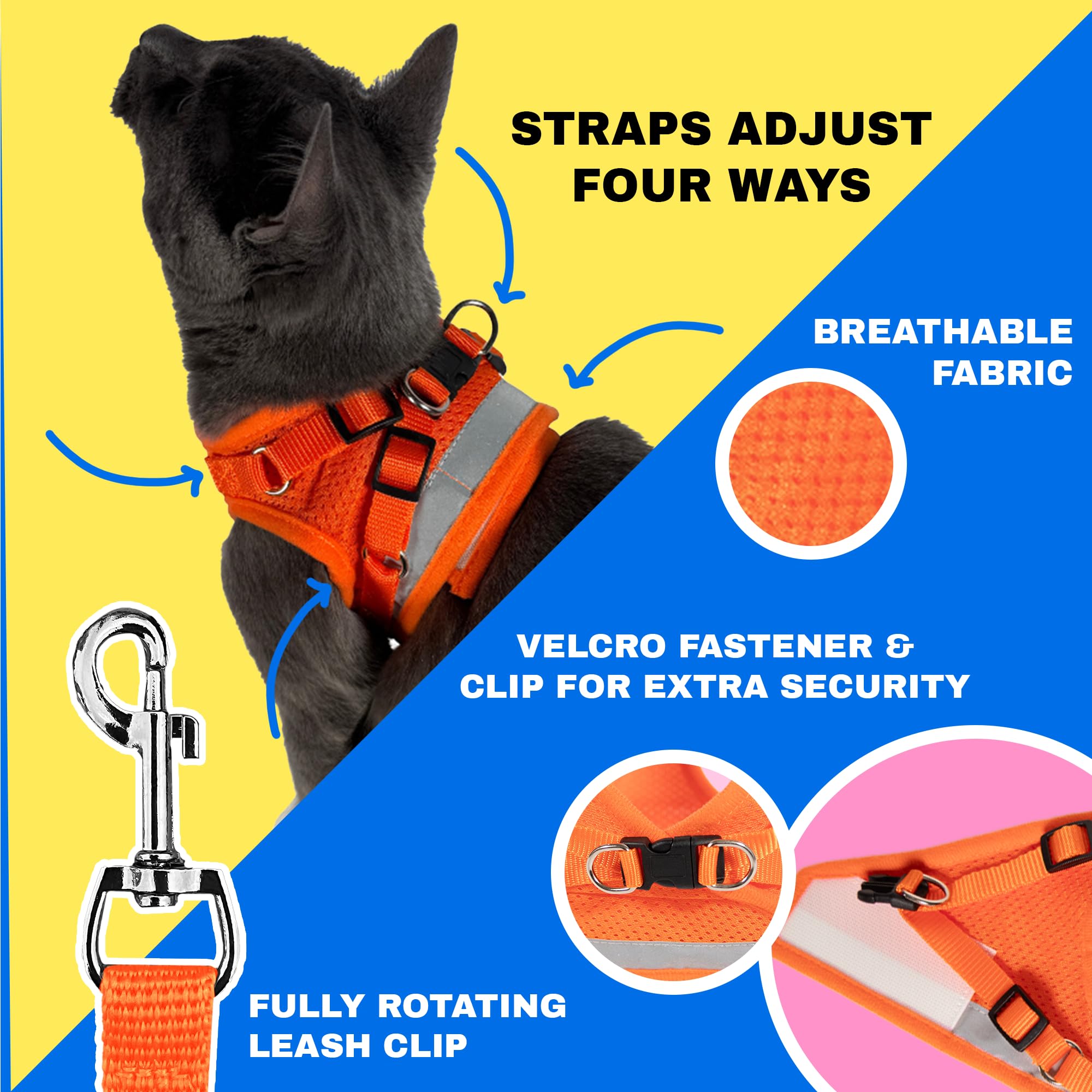 Travel Cat: The True Adventurer - Juego de arnés y correa reflectante para gatos y gatitos para caminar, ligero, transpirable, ajuste cómodo, correa fuerte con clip resistente a presión