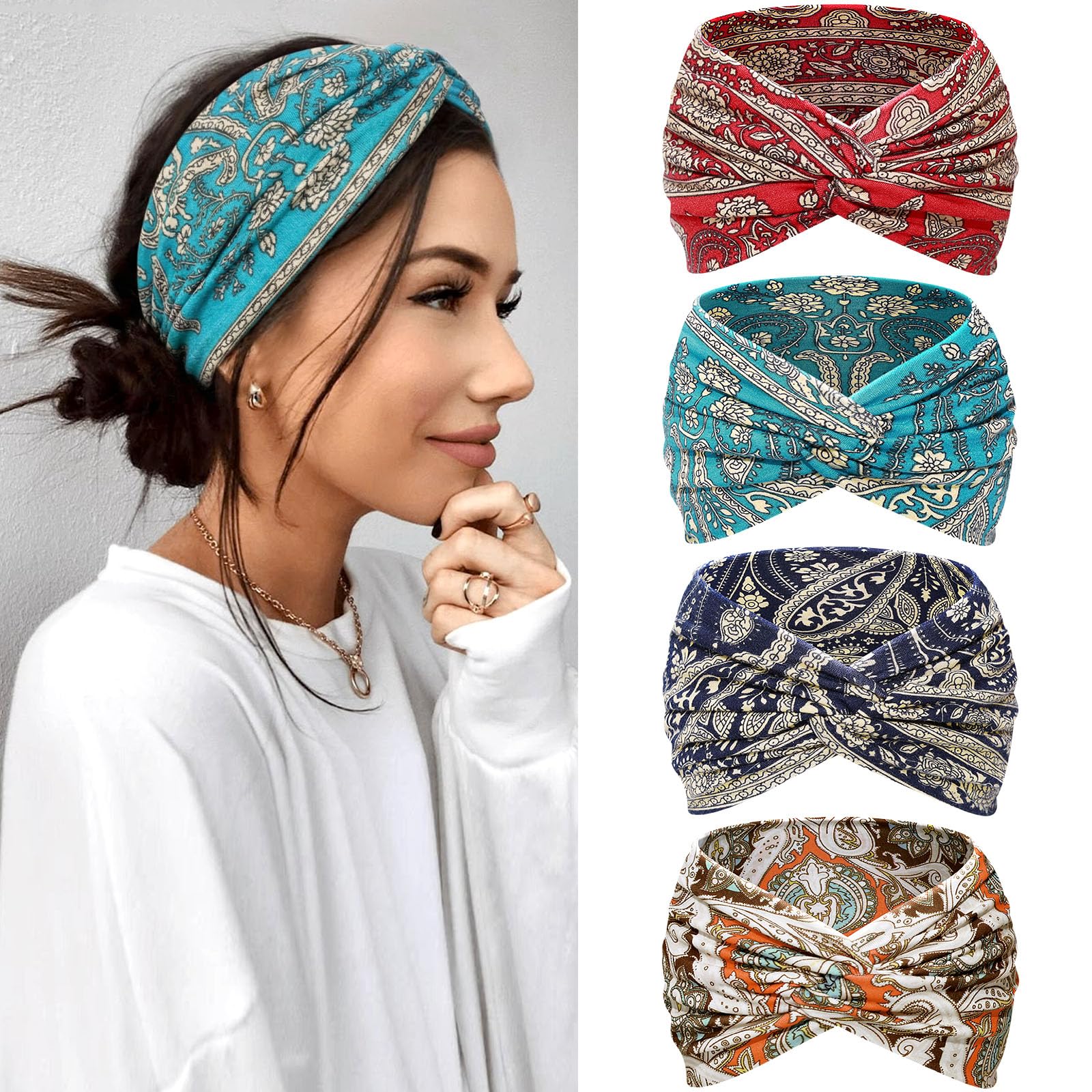 Kavya Haarband Damen Stirnband Damen 4er Pack – 7'' Extra Breit Haarbänder Dünn, Elastische Kopftuch Weiche Boho Mehrfarbig Headband, für Yoga, Kosmetik, Sport & Haarschmuck Sommer (Gelb)