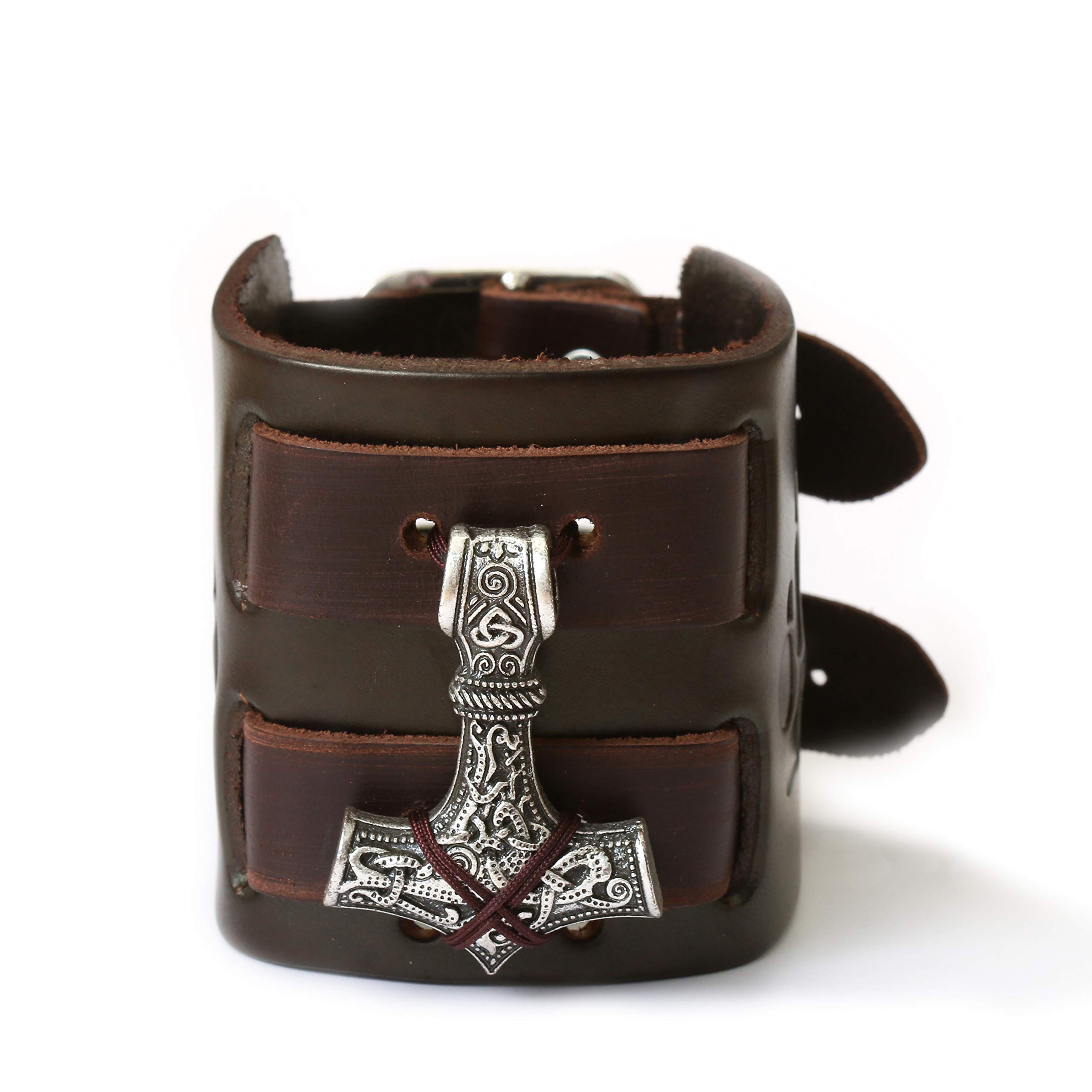 HAQUILViking Bracelet for Men - Mjolnir Pendant, Nordic Wide Leather Wristband, Men's Jewelry