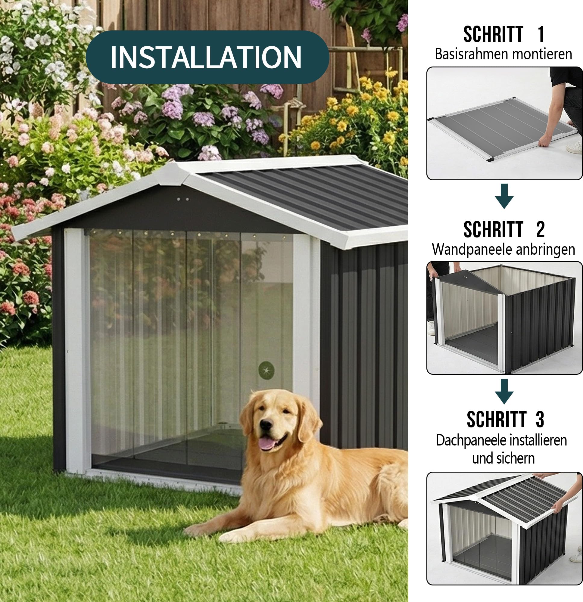 Metall Hundehütte für Draußen, Wetterfestes Hundehaus mit Transparentem Vorhang, UV-beständig & Wasserdicht, Für kleine bis mittlere Hunde, Anthrazit