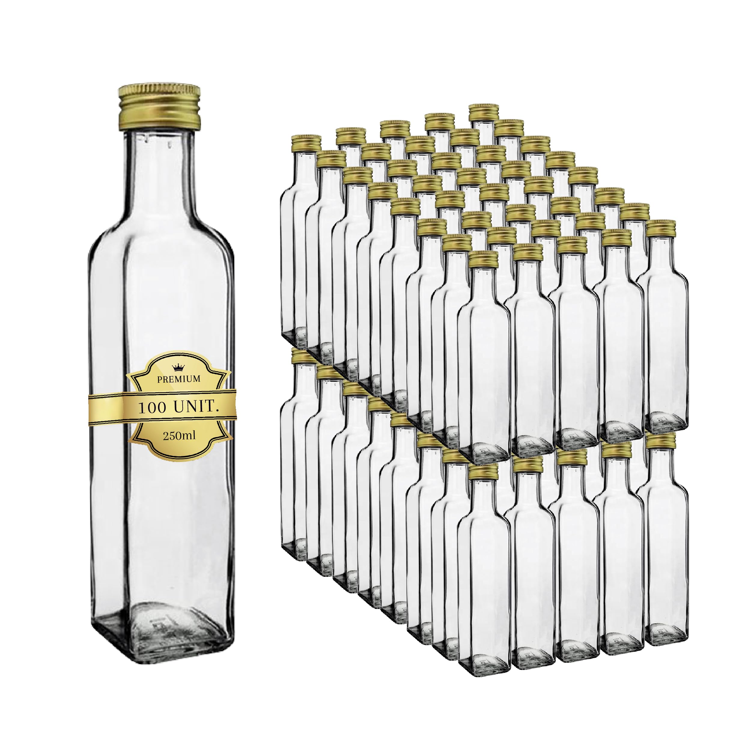 100 Botellas de vidrio de 250 ml con tapón de rosca dorado | Aceite de oliva, vinagre, alcohol | Aceitera de vidrio, botella de aceite | Regalos de boda
