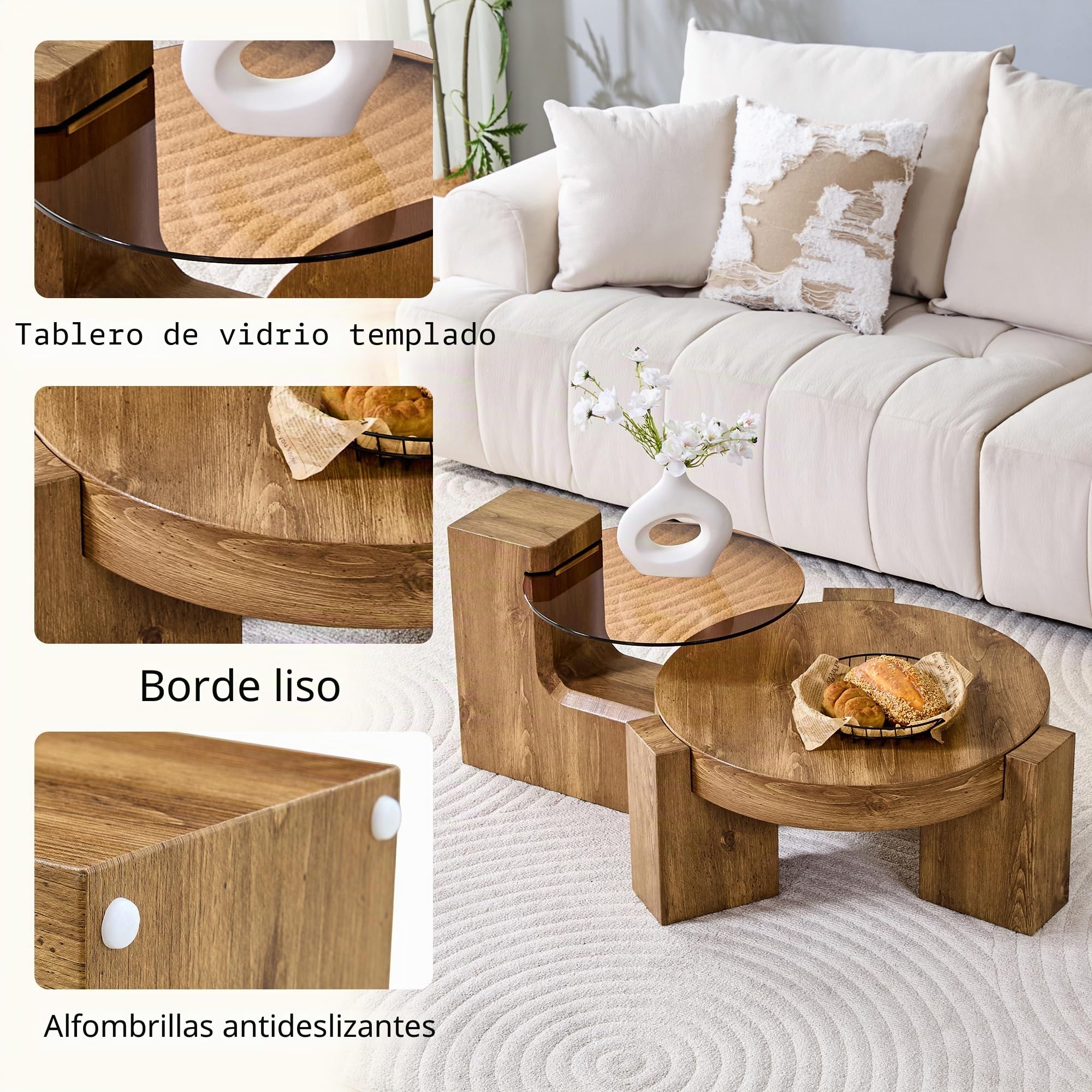 Bladez Mesa de centro con 2 niveles y patas en forma de L, mesa auxiliar redonda desmontable con tapa de cristal marrón transparente y aspecto de madera, para salón, dormitorio, balcón, mesa de centro